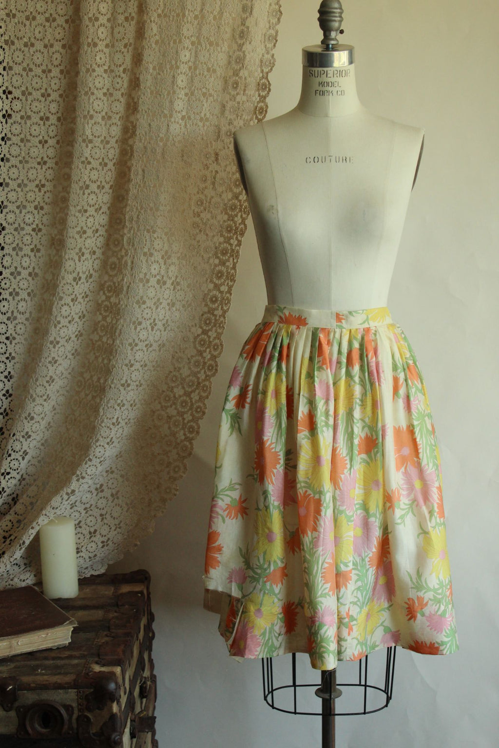 Vintage 1960s Silk Pastel Floral Pleated Circle Skirt