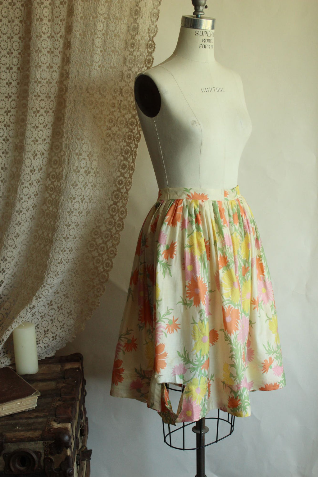 Vintage 1960s Silk Pastel Floral Pleated Circle Skirt