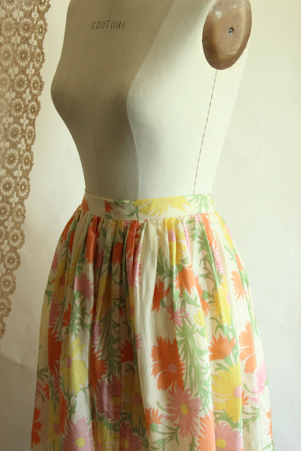 Vintage 1960s Silk Pastel Floral Pleated Circle Skirt