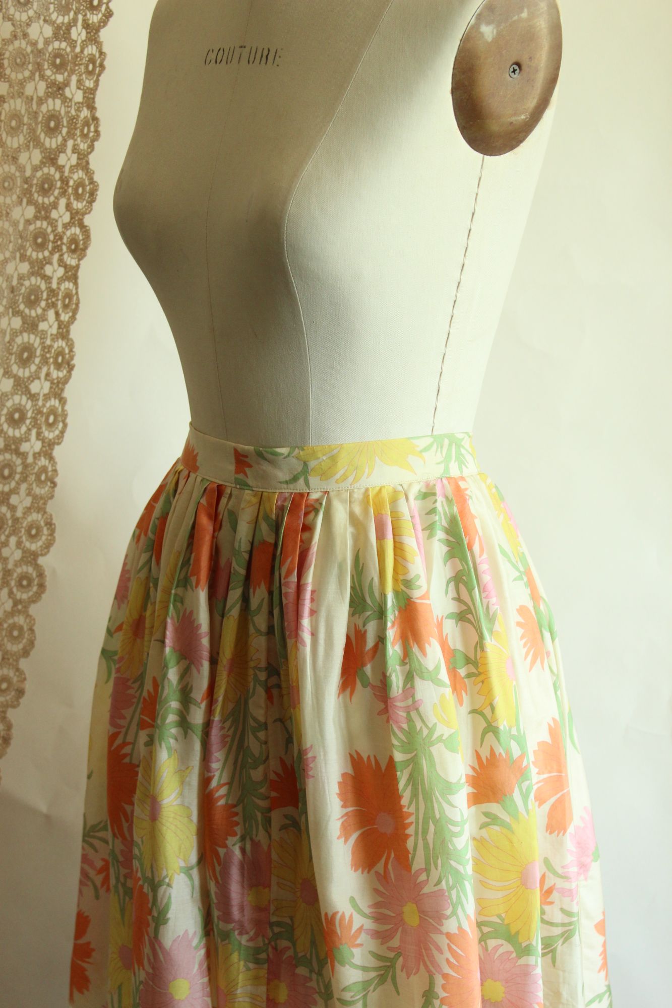 Vintage 1960s Silk Pastel Floral Pleated Circle Skirt