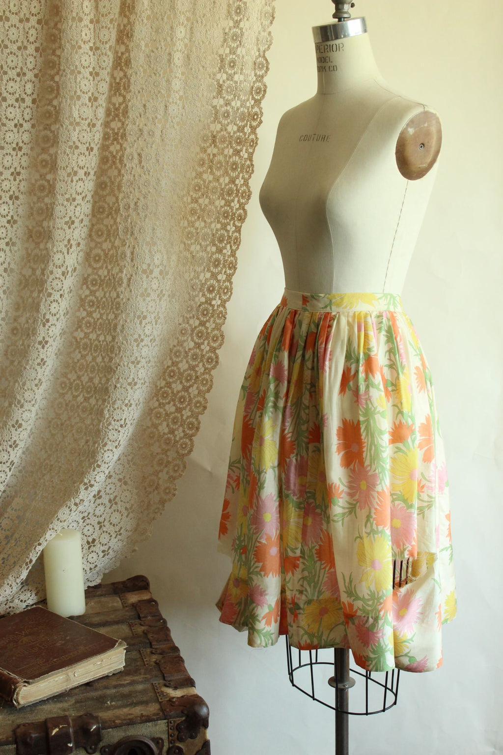 Vintage 1960s Silk Pastel Floral Pleated Circle Skirt