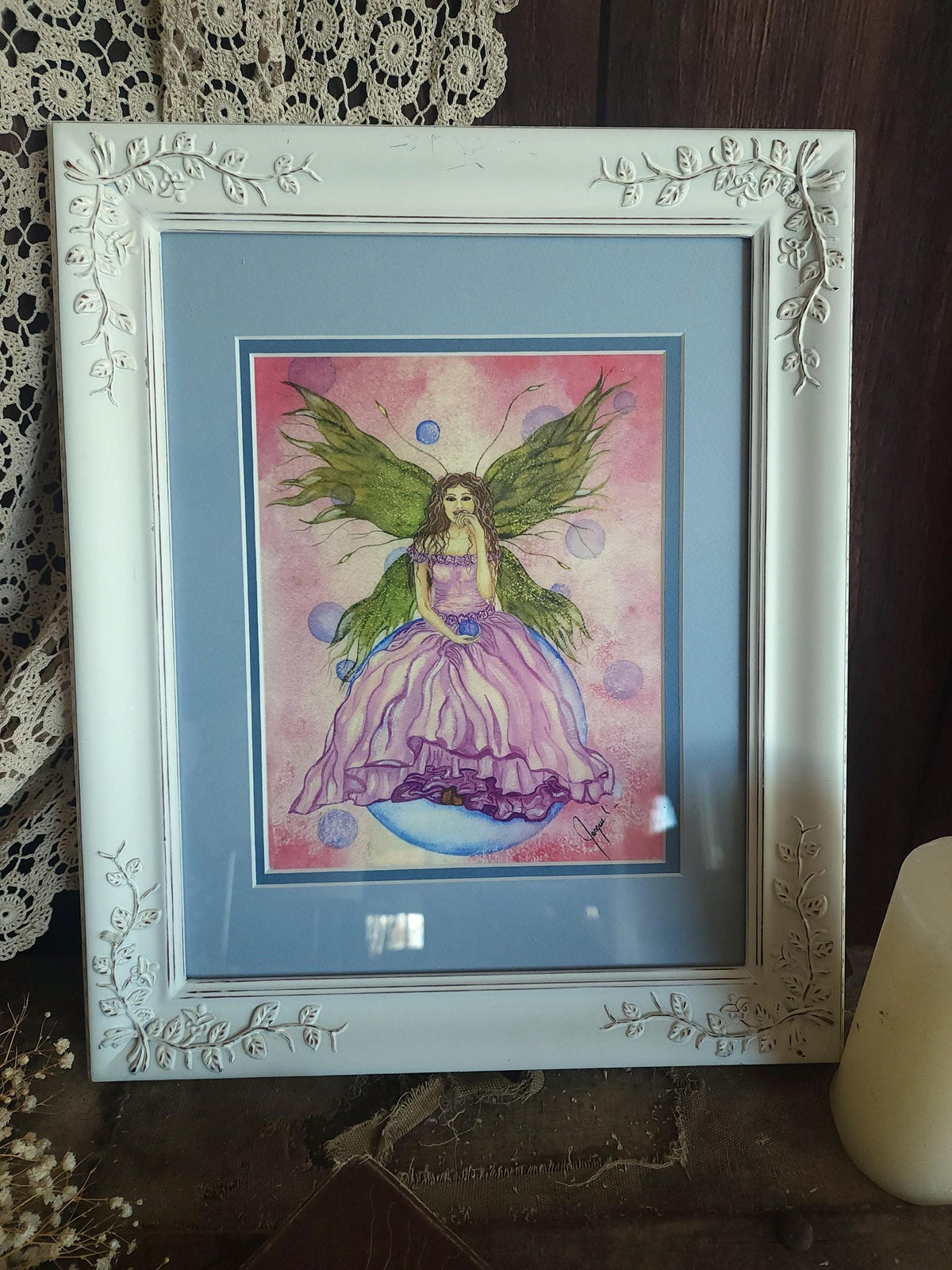 Vintage 2000s Framed Fairy Print "Tawny" Double Matted in White Frame