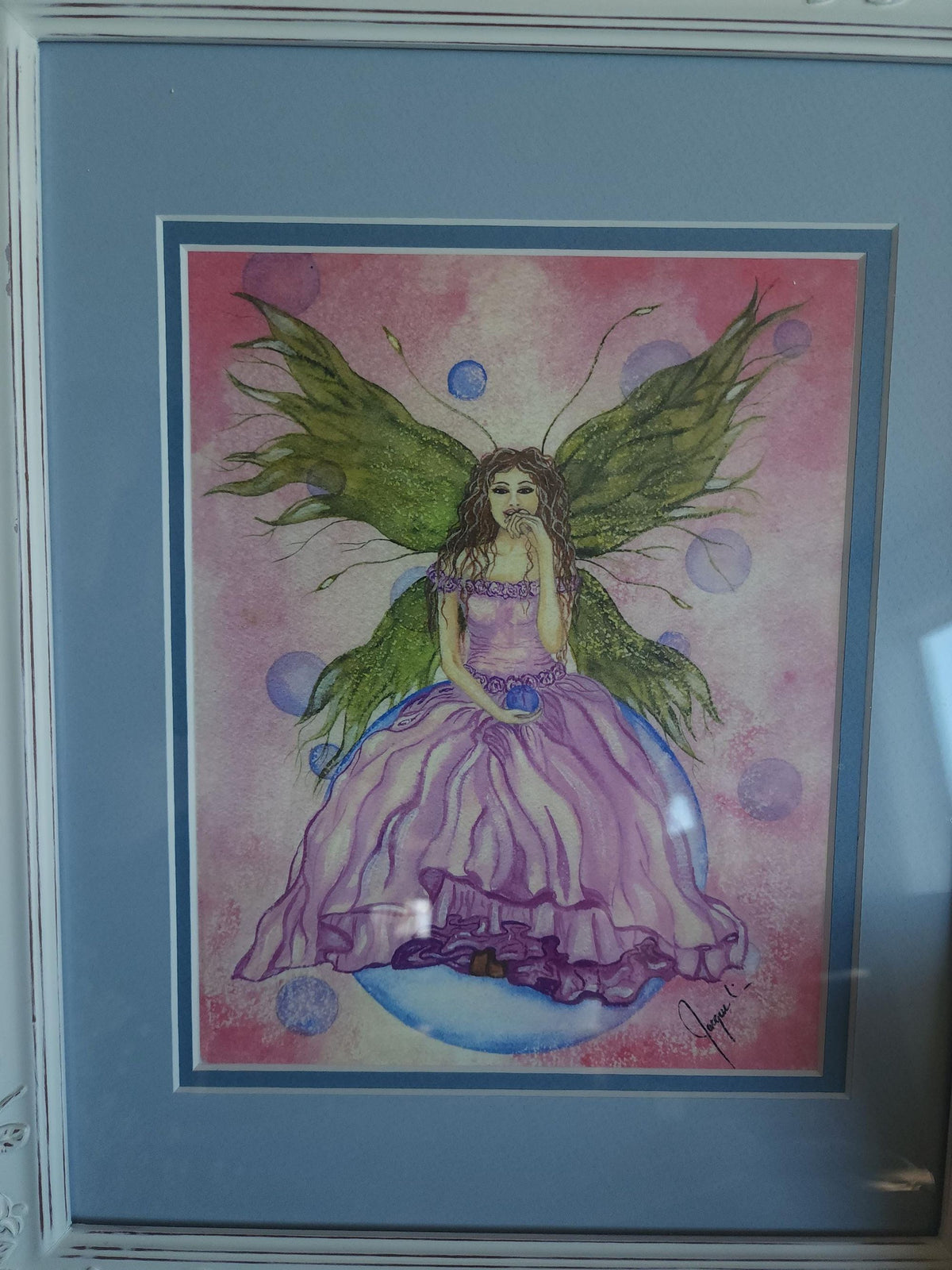Vintage 2000s Framed Fairy Print "Tawny" Double Matted in White Frame