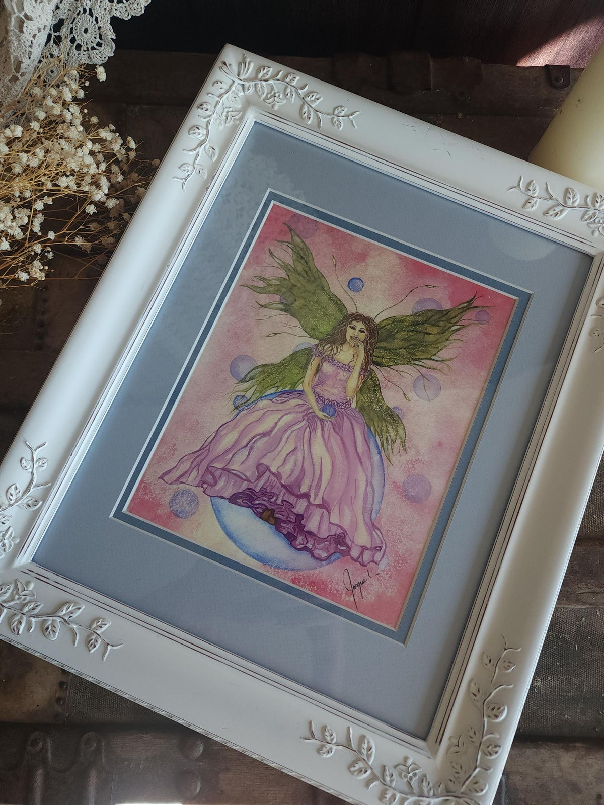Vintage 2000s Framed Fairy Print "Tawny" Double Matted in White Frame
