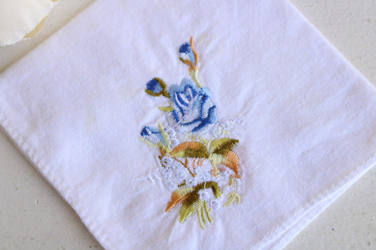 Vintage White Cotton With Blue Embroidered Roses Hanky