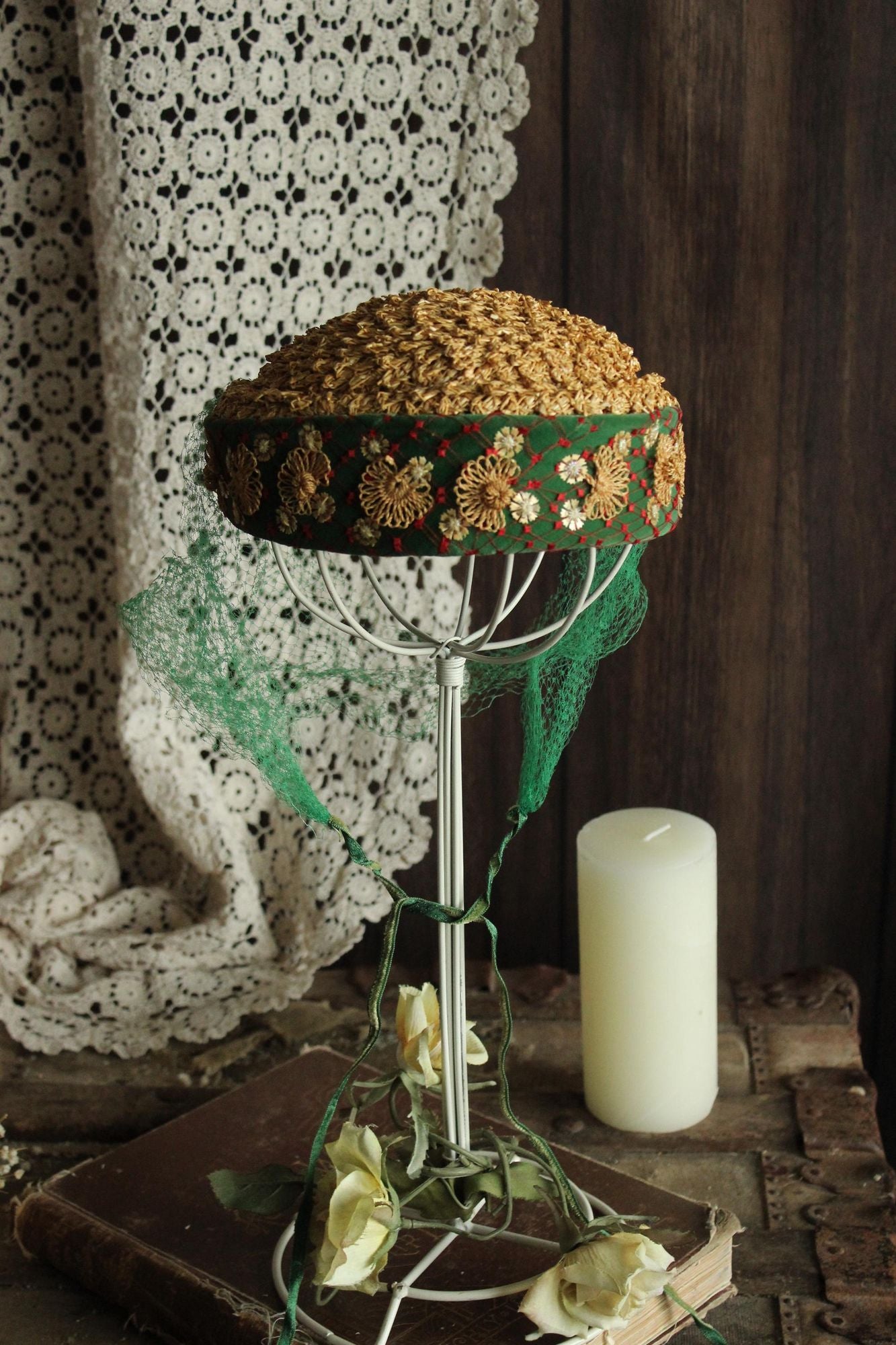 Vintage 1950s Hat, Frances & Walter Nelkin Green Velvet and Straw Pillbox with Veil