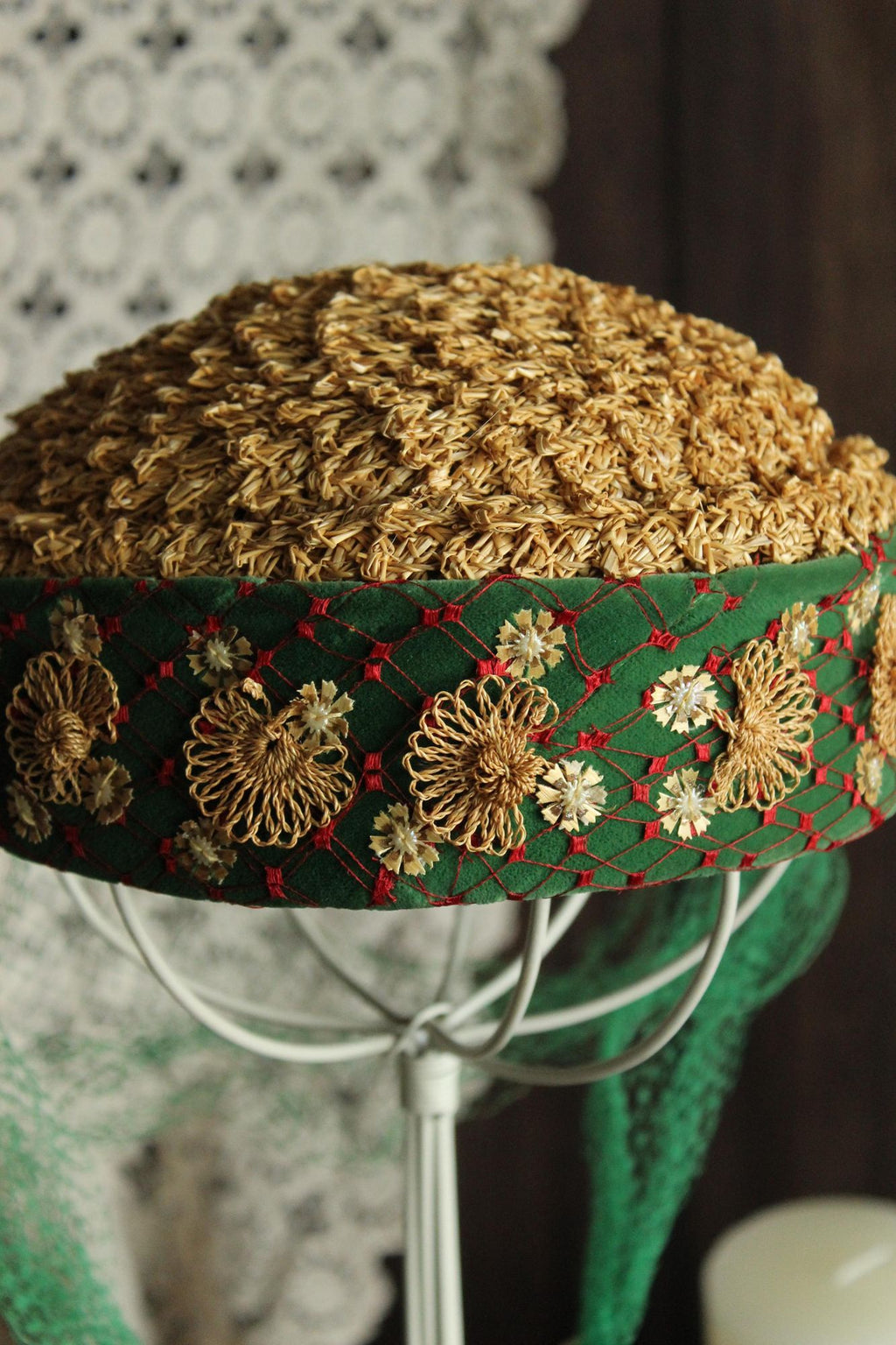 Vintage 1950s Hat, Frances & Walter Nelkin Green Velvet and Straw Pillbox with Veil