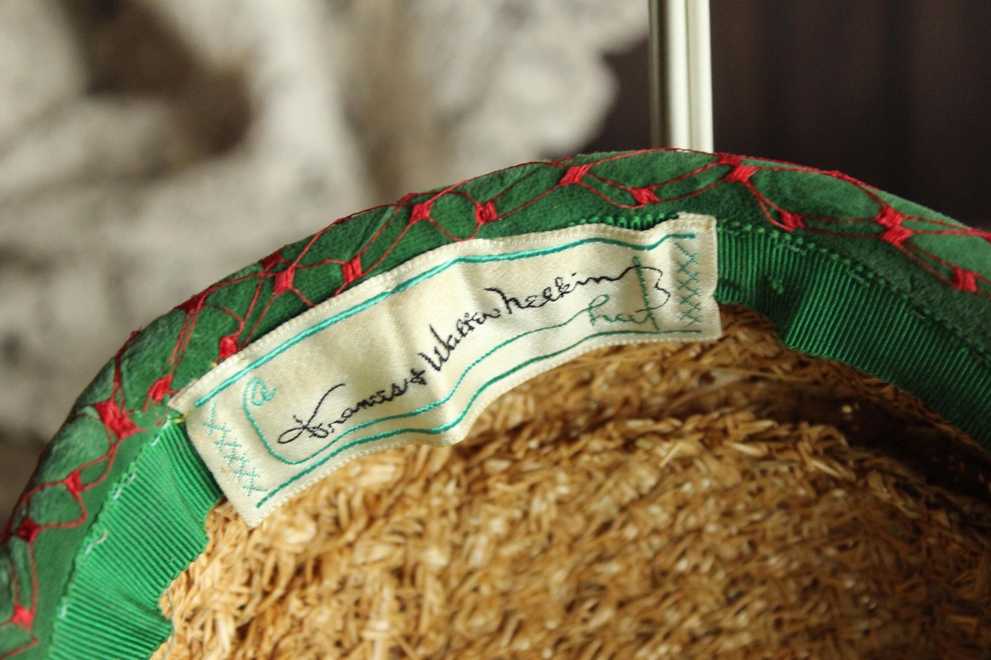 Vintage 1950s Hat, Frances & Walter Nelkin Green Velvet and Straw Pillbox with Veil