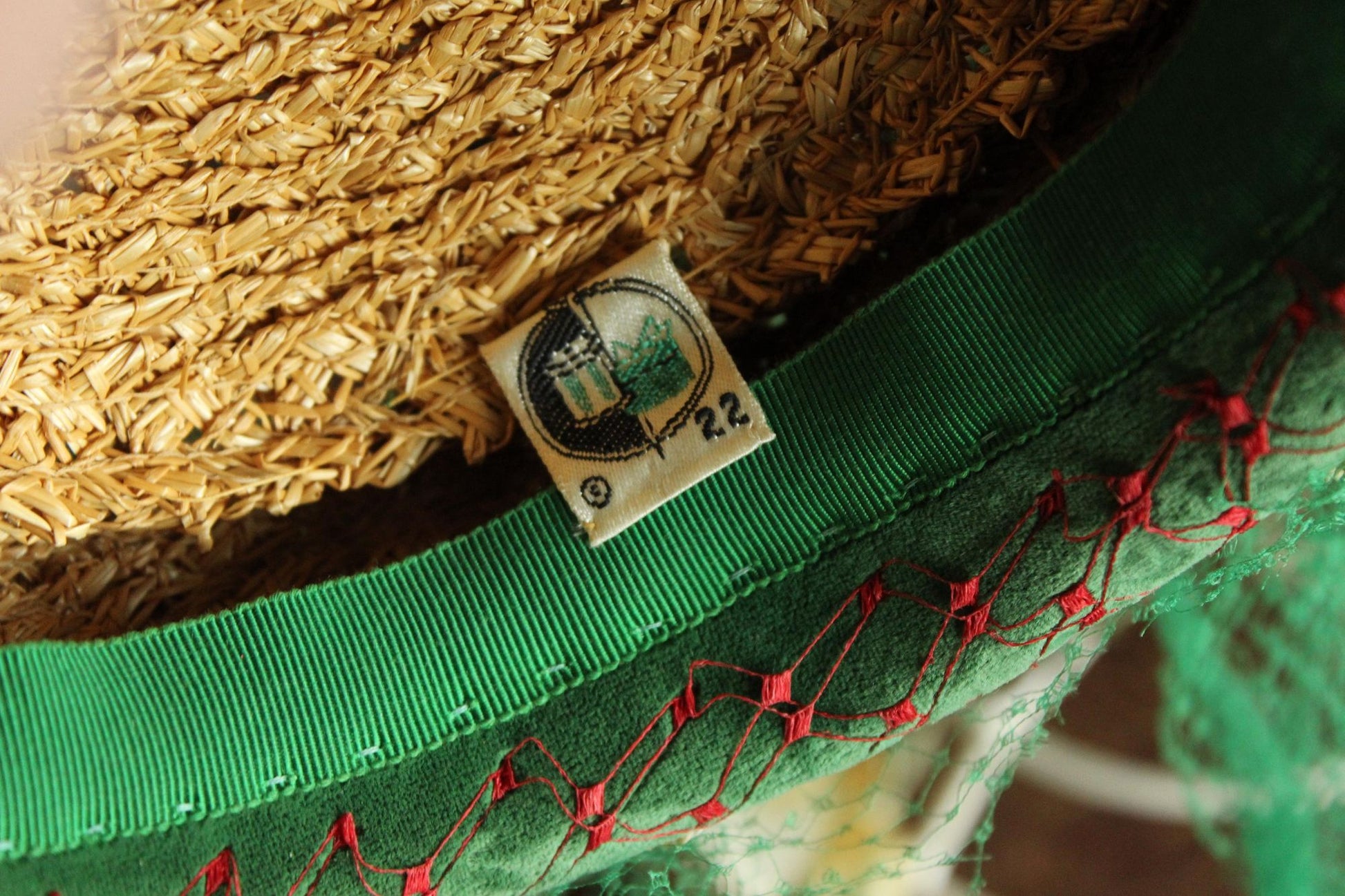 Vintage 1950s Hat, Frances & Walter Nelkin Green Velvet and Straw Pillbox with Veil