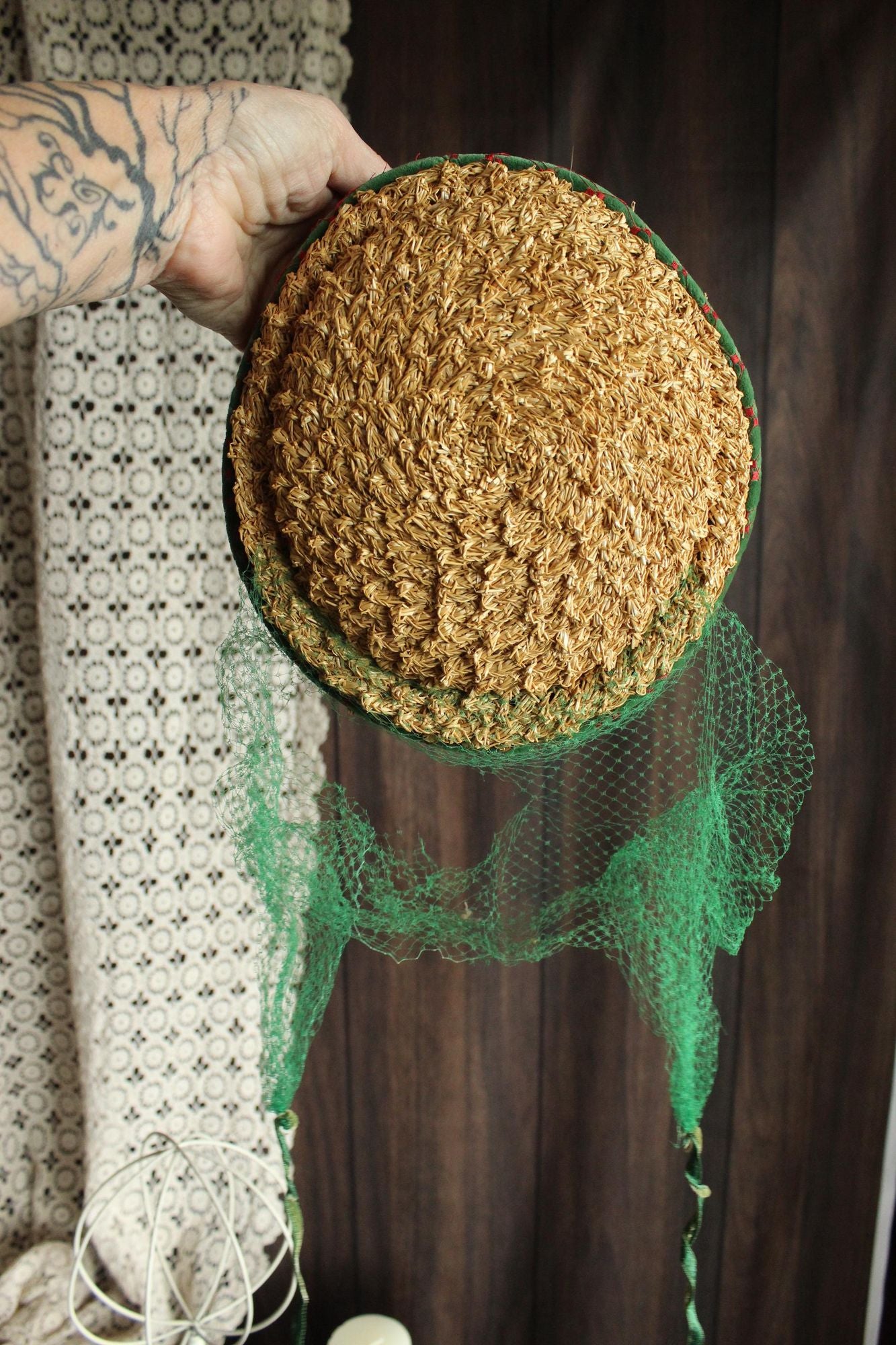 Vintage 1950s Hat, Frances & Walter Nelkin Green Velvet and Straw Pillbox with Veil