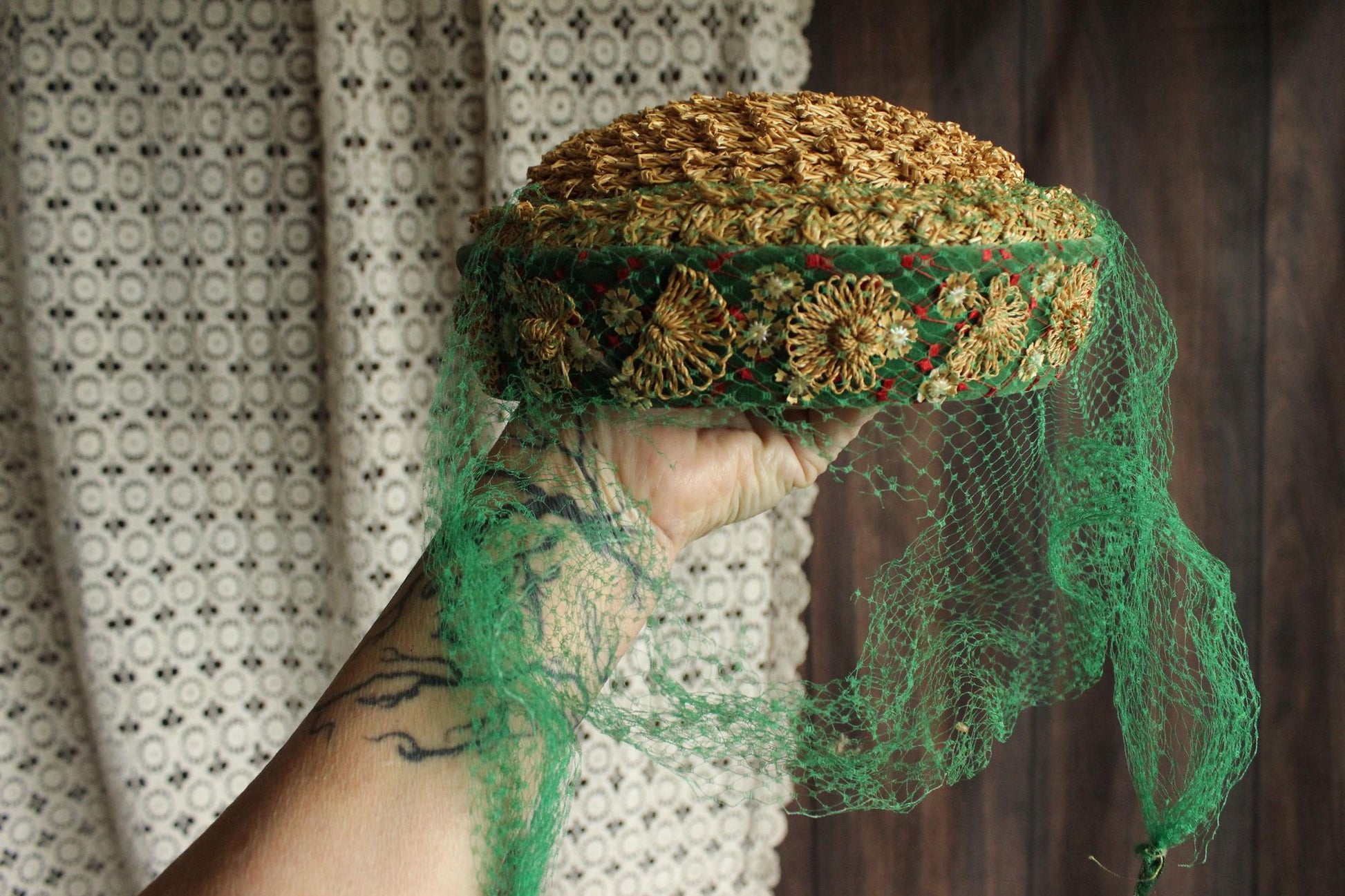 Vintage 1950s Hat, Frances & Walter Nelkin Green Velvet and Straw Pillbox with Veil