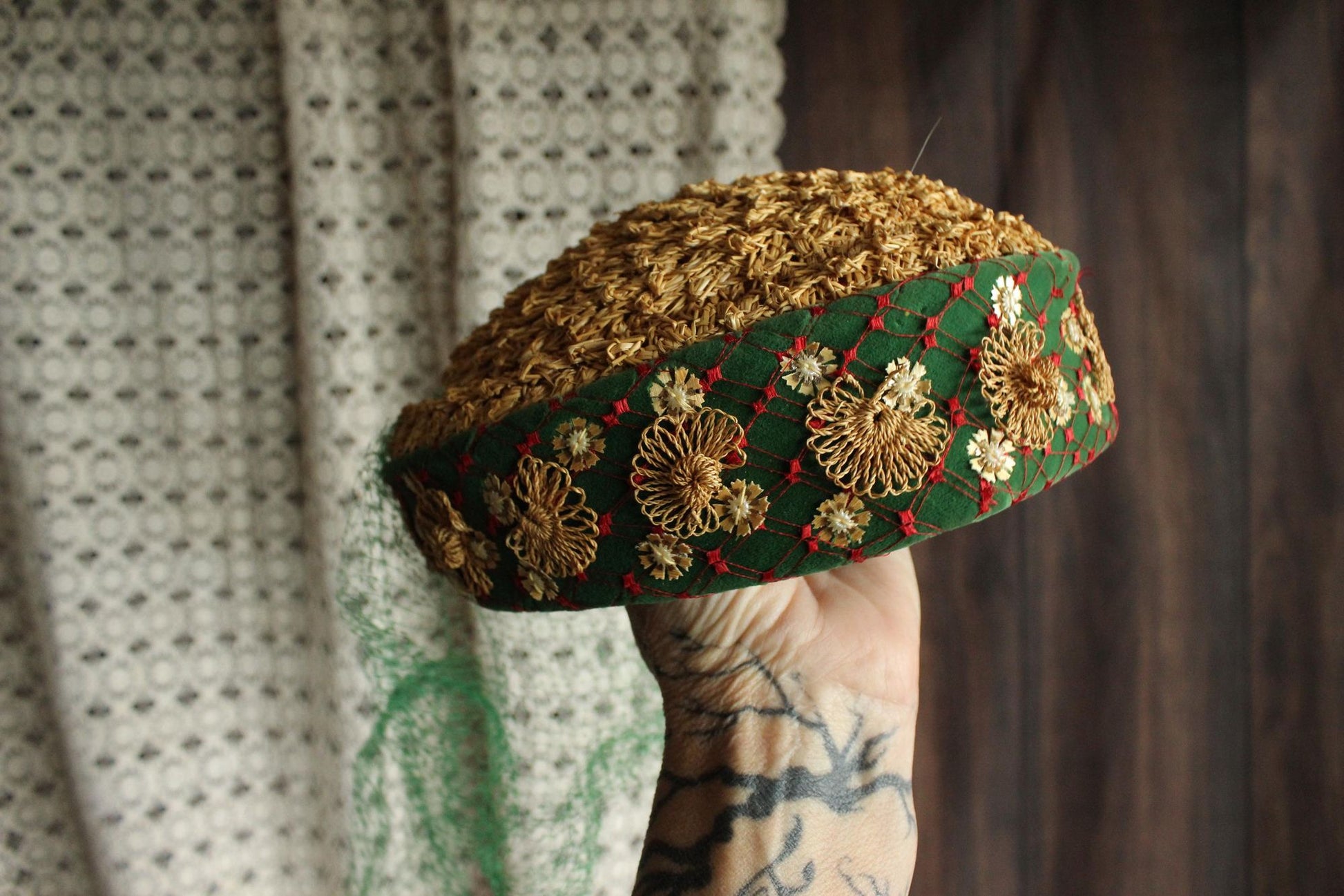 Vintage 1950s Hat, Frances & Walter Nelkin Green Velvet and Straw Pillbox with Veil