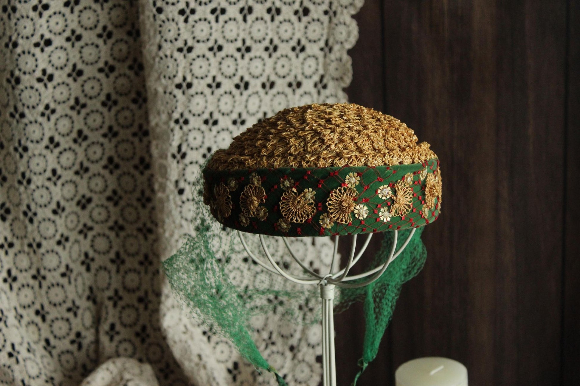 Vintage 1950s Hat, Frances & Walter Nelkin Green Velvet and Straw Pillbox with Veil