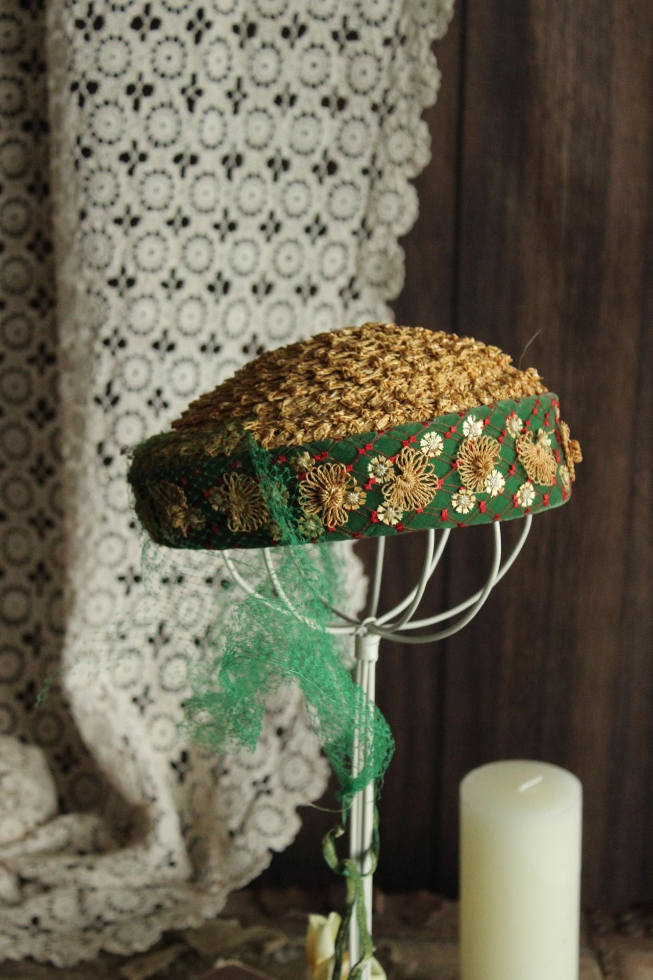 Vintage 1950s Hat, Frances & Walter Nelkin Green Velvet and Straw Pillbox with Veil