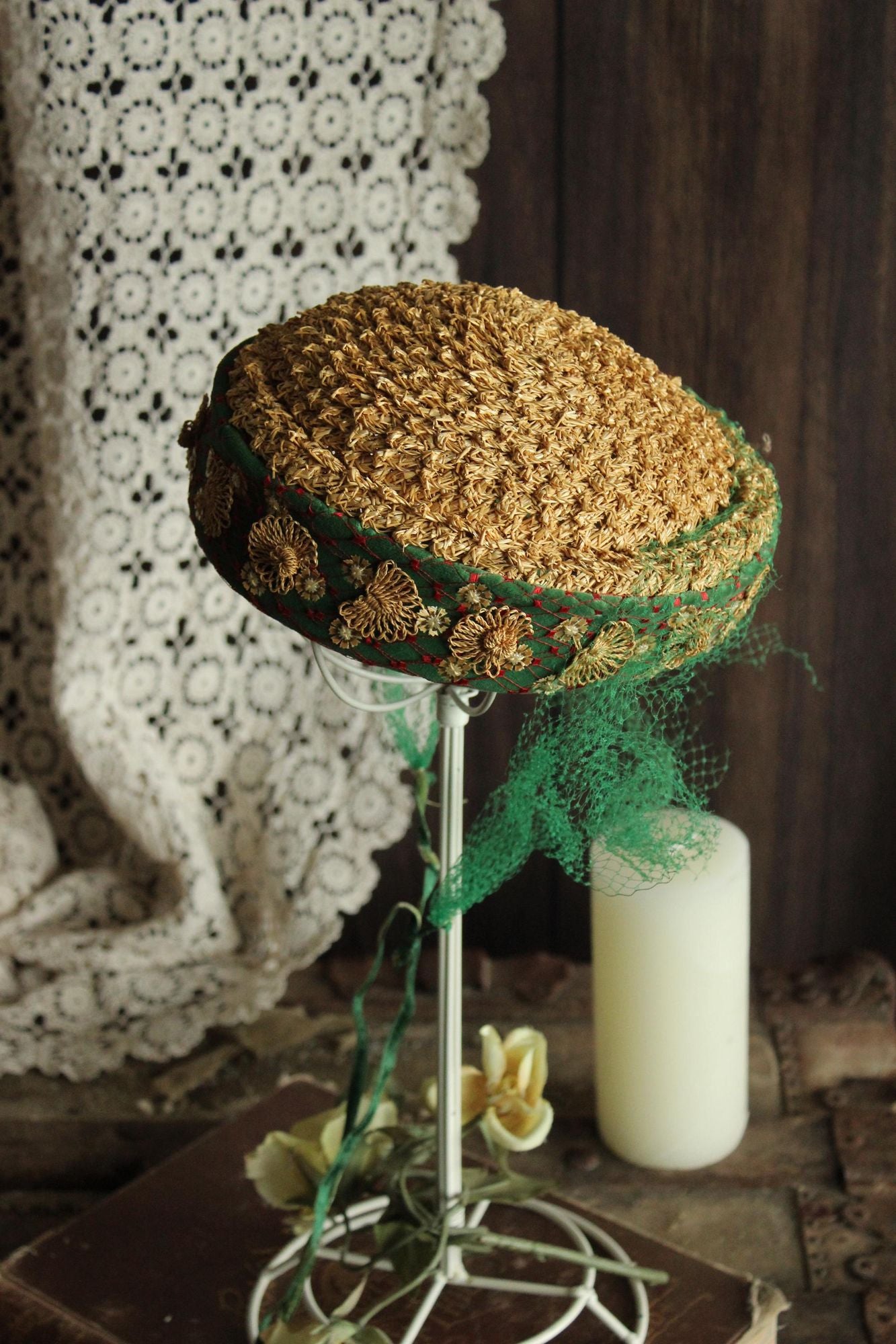 Vintage 1950s Hat, Frances & Walter Nelkin Green Velvet and Straw Pillbox with Veil
