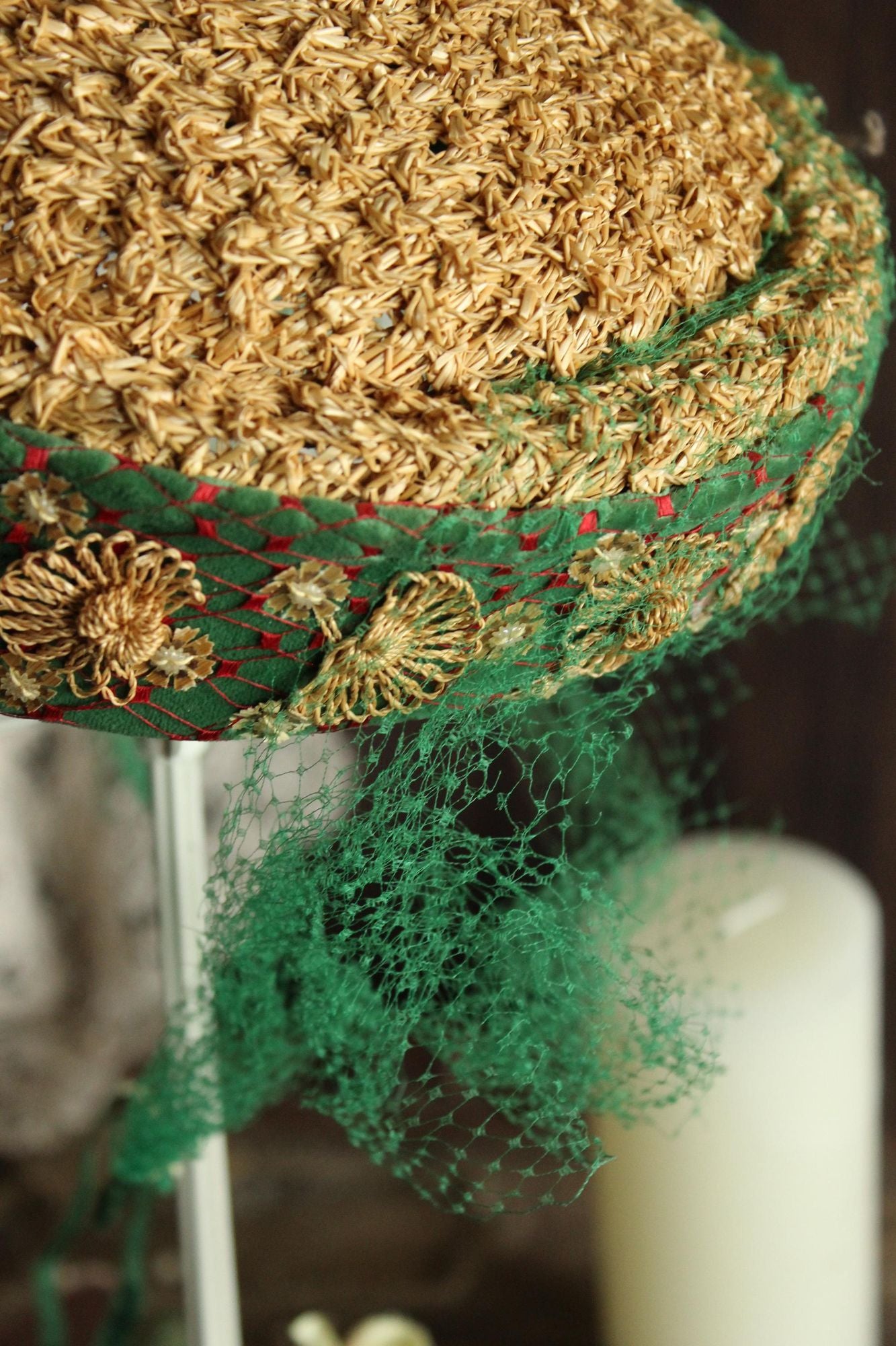 Vintage 1950s Hat, Frances & Walter Nelkin Green Velvet and Straw Pillbox with Veil