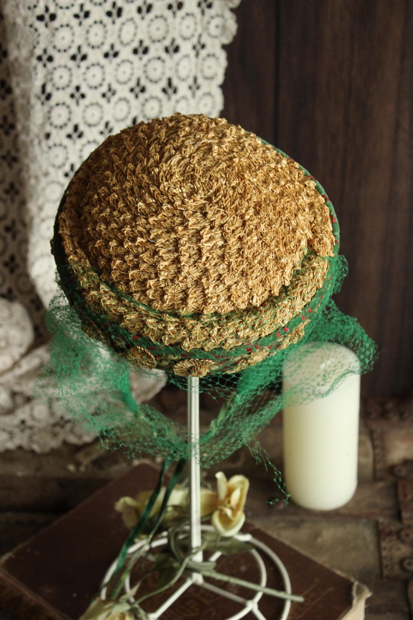 Vintage 1950s Hat, Frances & Walter Nelkin Green Velvet and Straw Pillbox with Veil