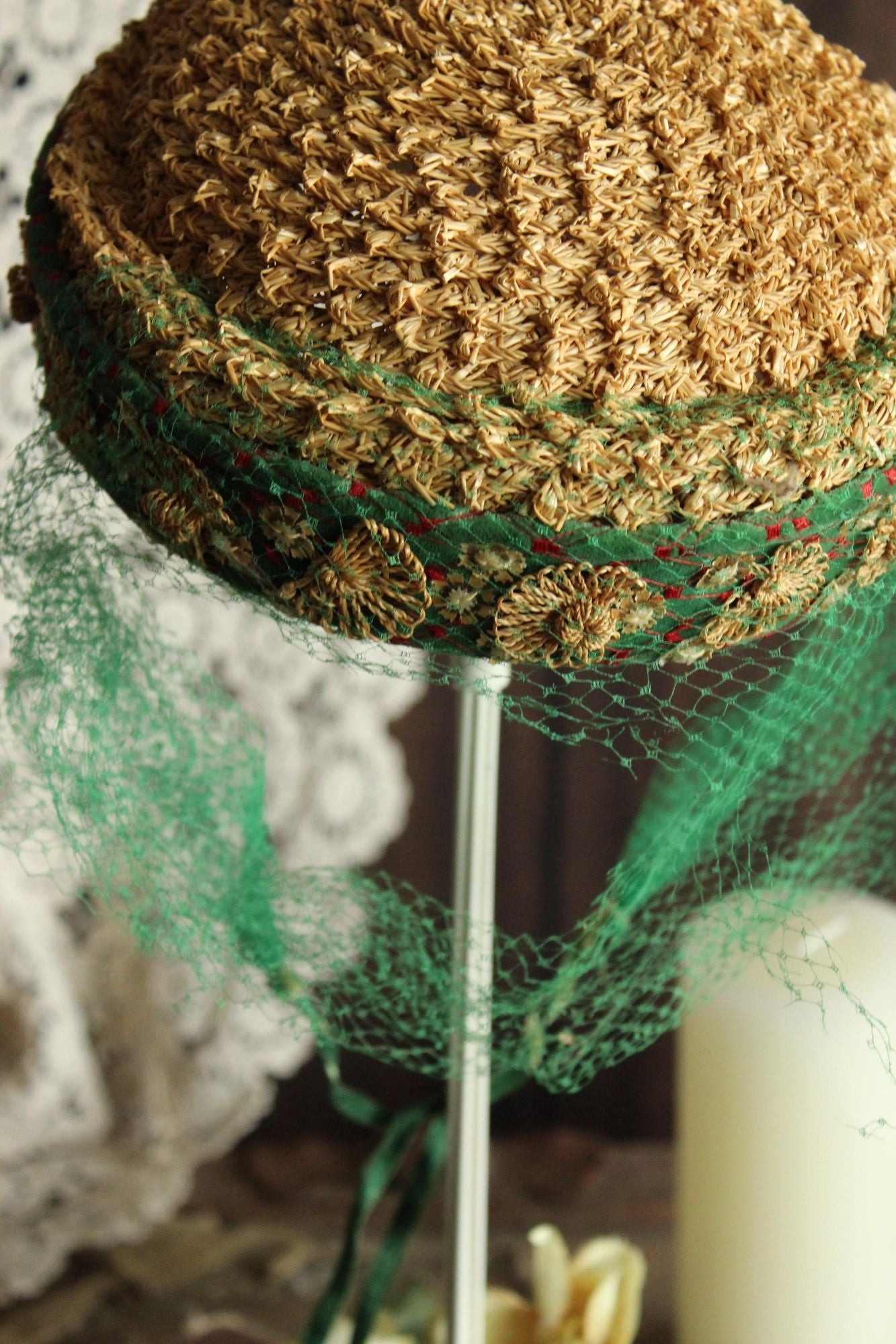 Vintage 1950s Hat, Frances & Walter Nelkin Green Velvet and Straw Pillbox with Veil