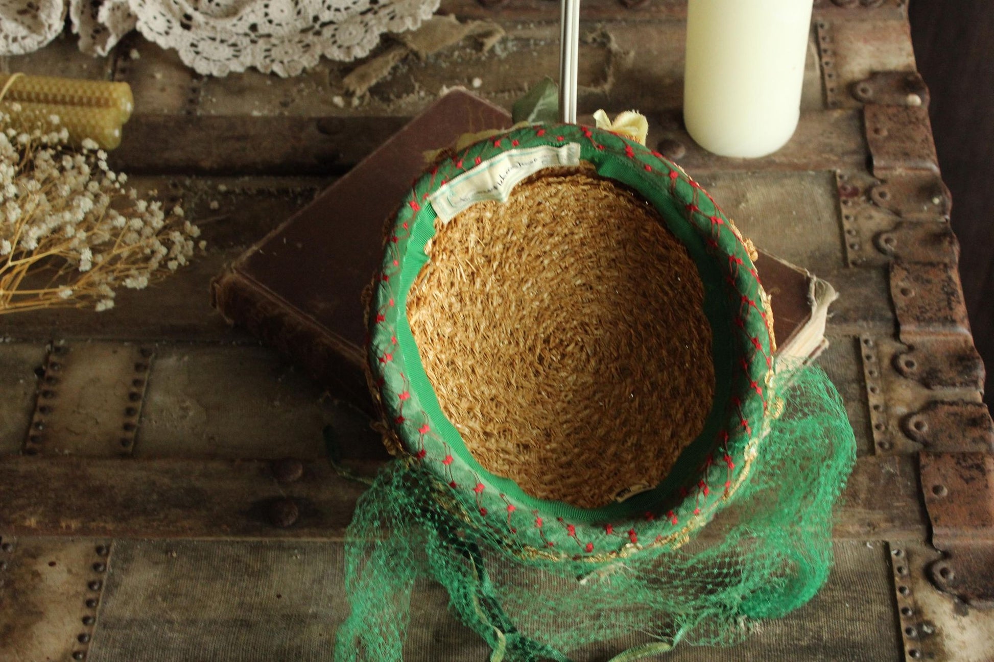 Vintage 1950s Hat, Frances & Walter Nelkin Green Velvet and Straw Pillbox with Veil