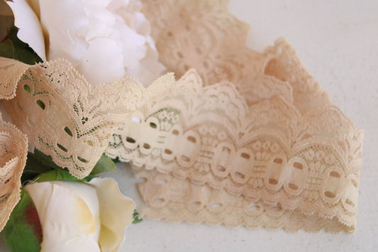Vintage Beige Stretch Lace Trim, 1 yard plus 16 inches,  2 and 1/2" wide