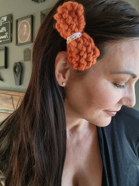 "Autumn Leaf" Hand Knit Hair Bow on Clip