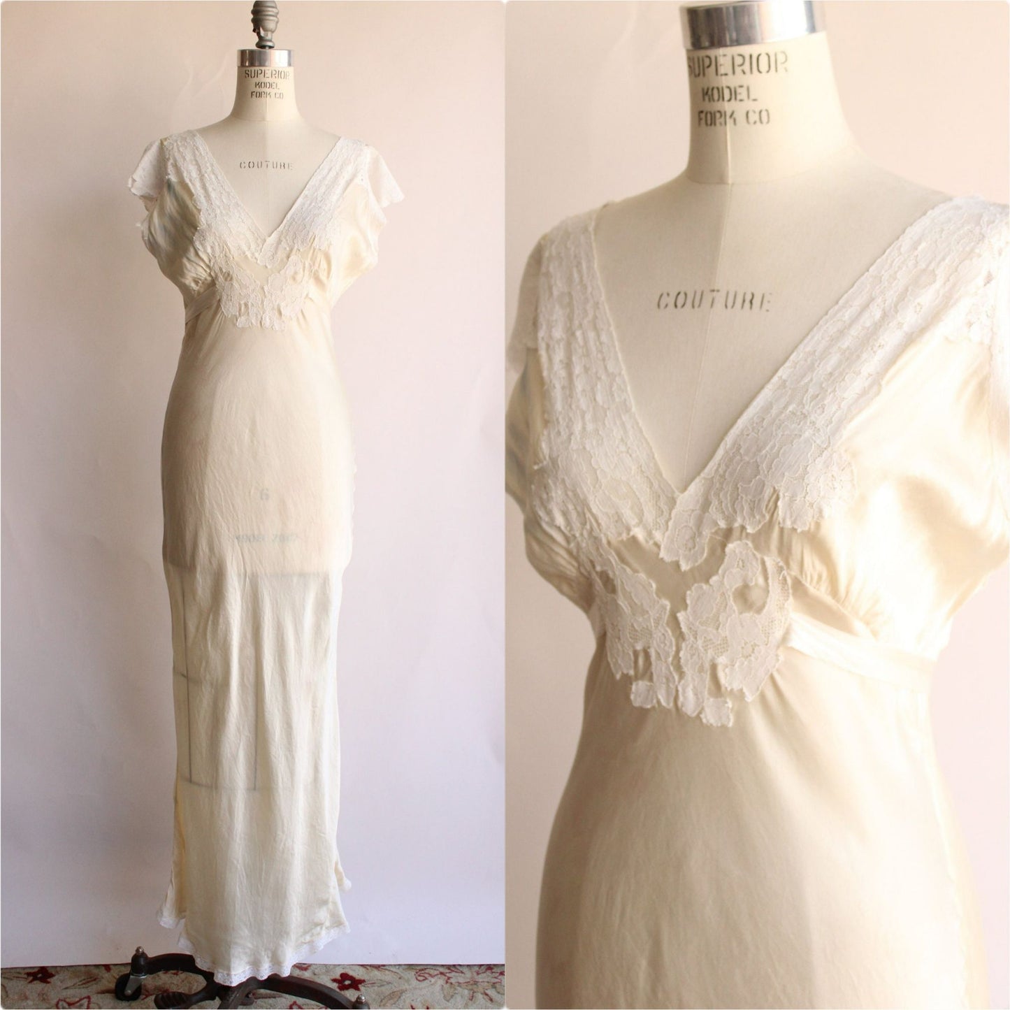 Vintage 1940s Ivory Silk Nightgown with Lace Trim