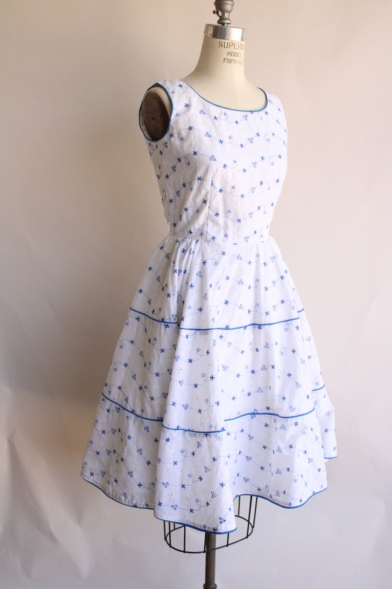 Vintage 1970s 1980s Square Dance Co Blue and White Eyelet Dress