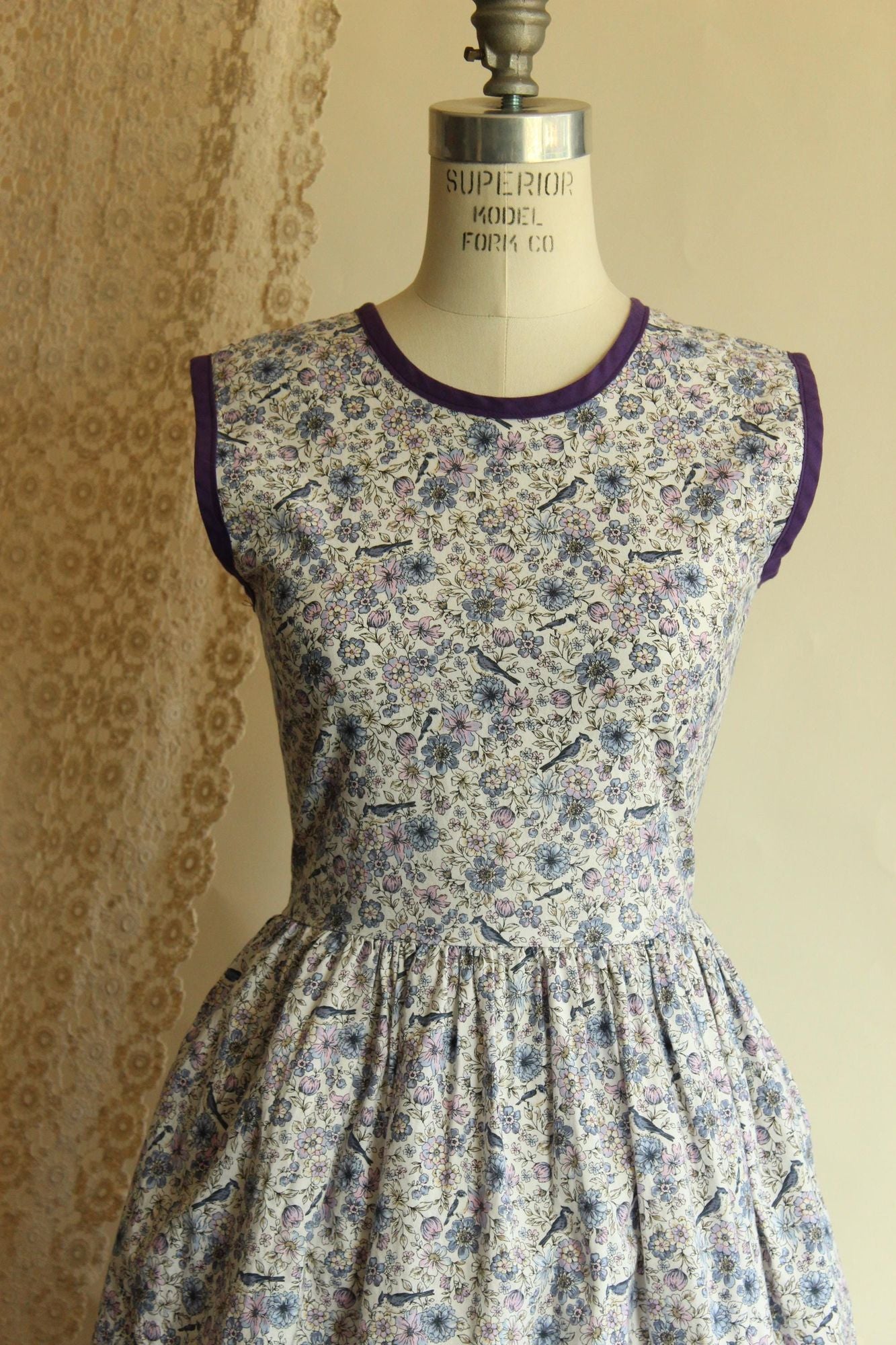 Vintage 1950s Bluebird Print Dress with Pockets