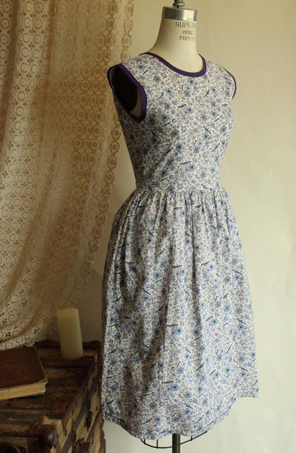 Vintage 1950s Bluebird Print Dress with Pockets