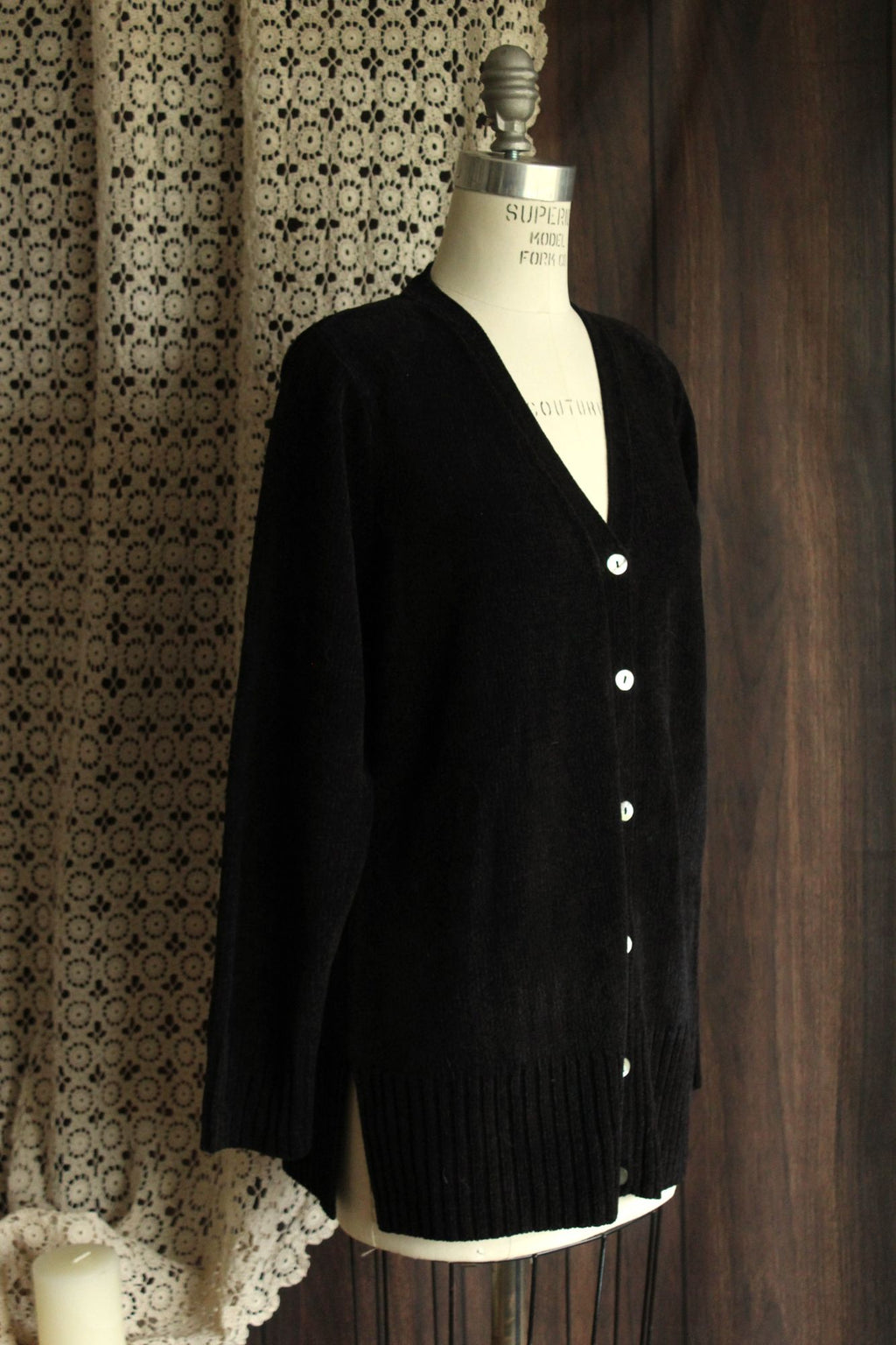 Vintage 1990s 2000s New Karen Scott Black Chenille Cardigan