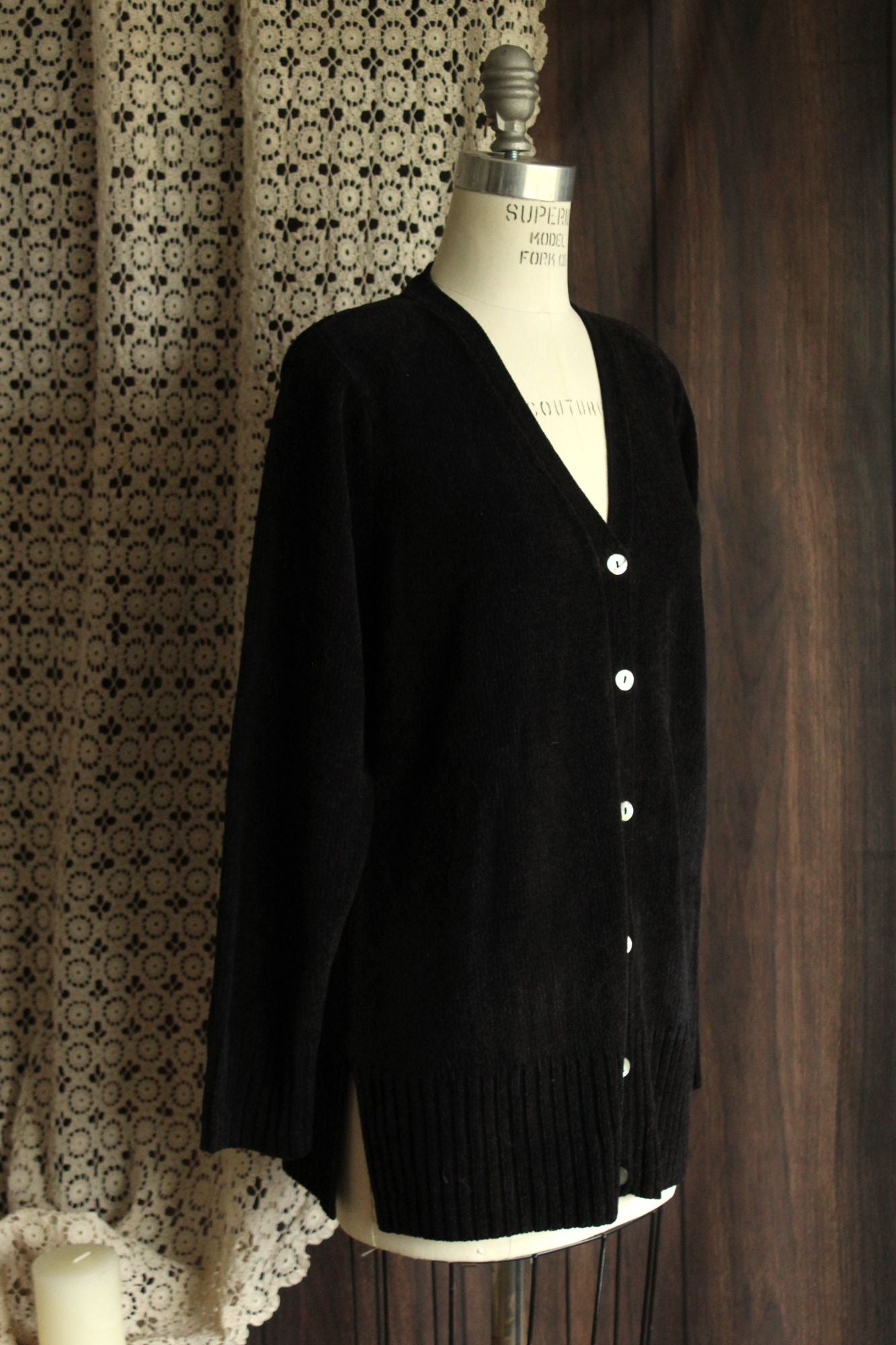 Vintage 1990s 2000s New Karen Scott Black Chenille Cardigan