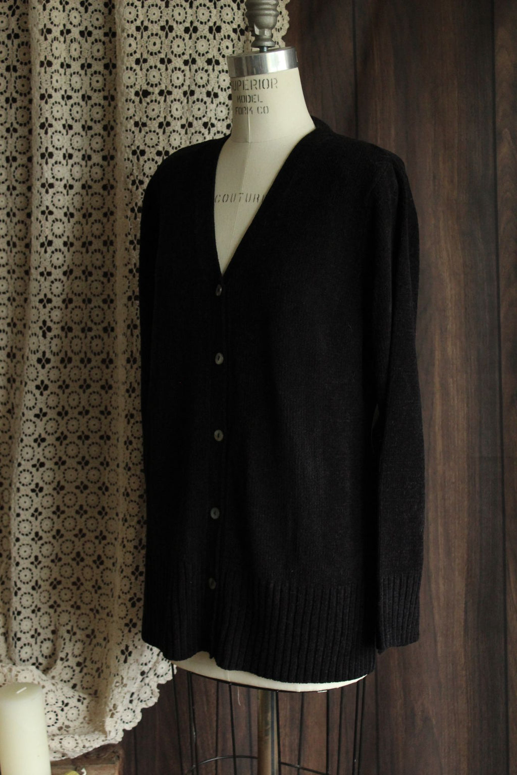 Vintage 1990s 2000s New Karen Scott Black Chenille Cardigan