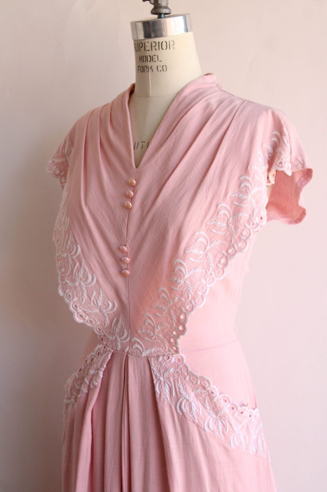 Vintage 1950s  Pink with White Floral Embroidery Cotton Day Dress