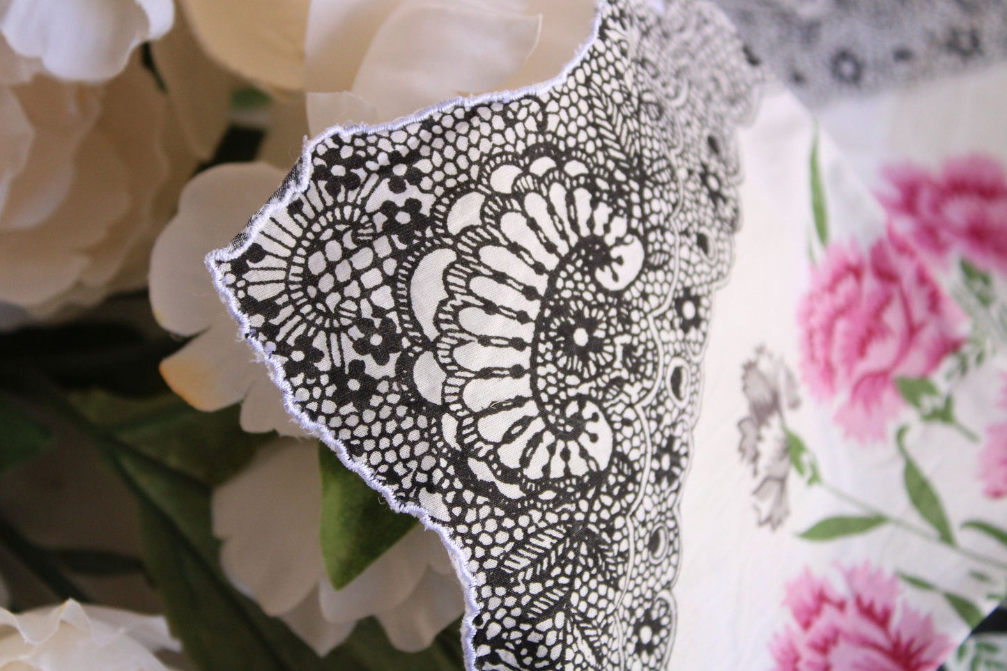 Vintage Black And White Hankie With Carnation and Filigree Pattern