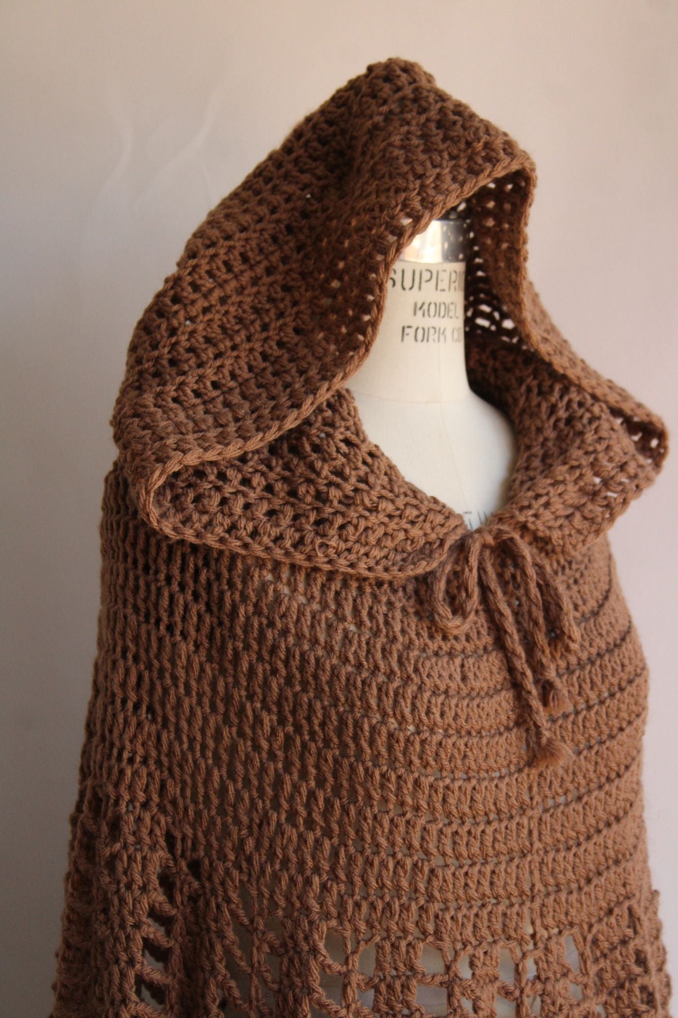 Vintage 1960s 1970s Poncho with Hood in a Brown Knit with Drawstring Tie
