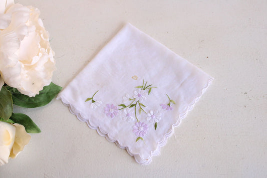 Vintage Handkerchief with Purple and White Daisy Flower Embroidery