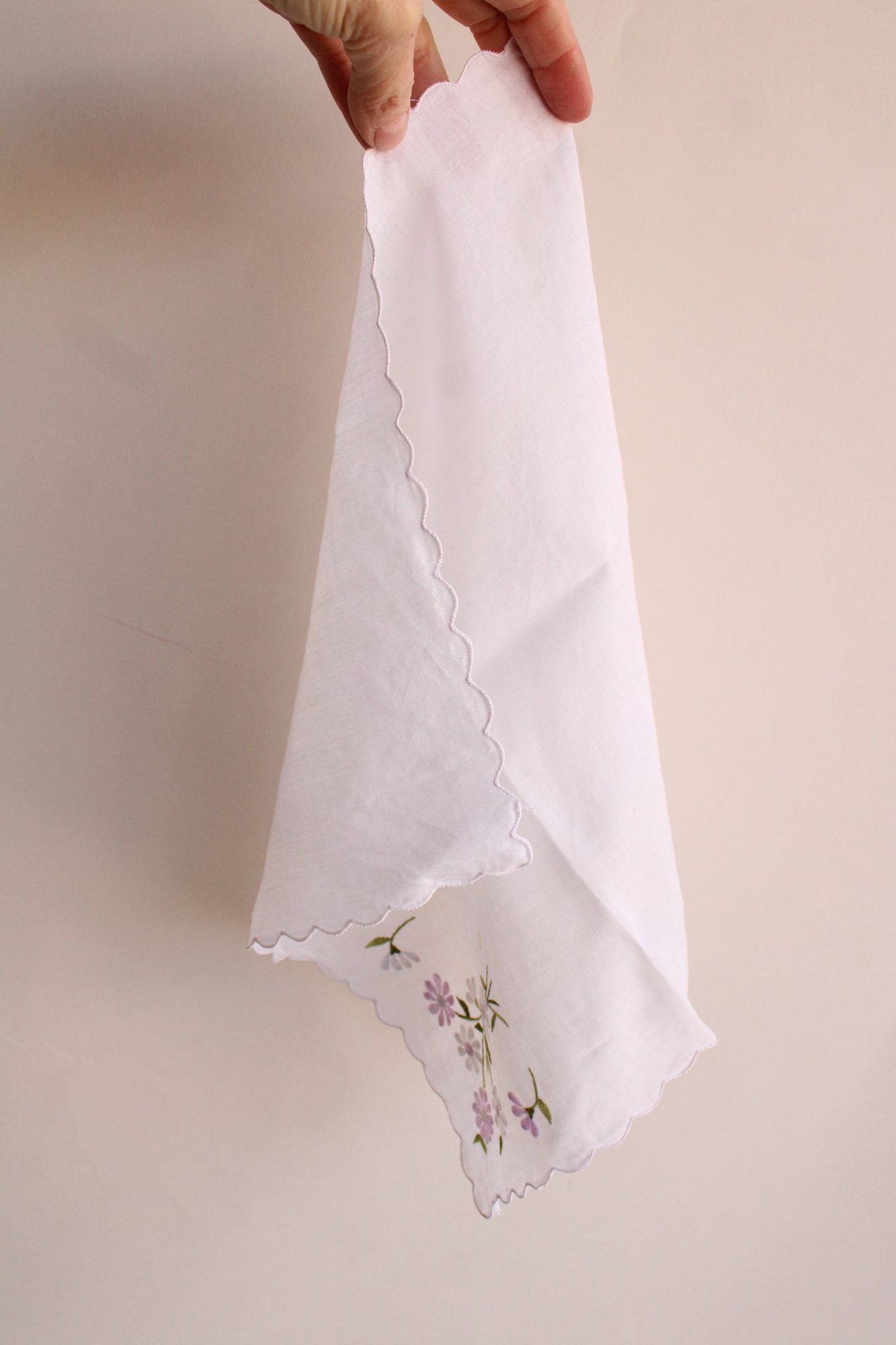 Vintage Handkerchief with Purple and White Daisy Flower Embroidery