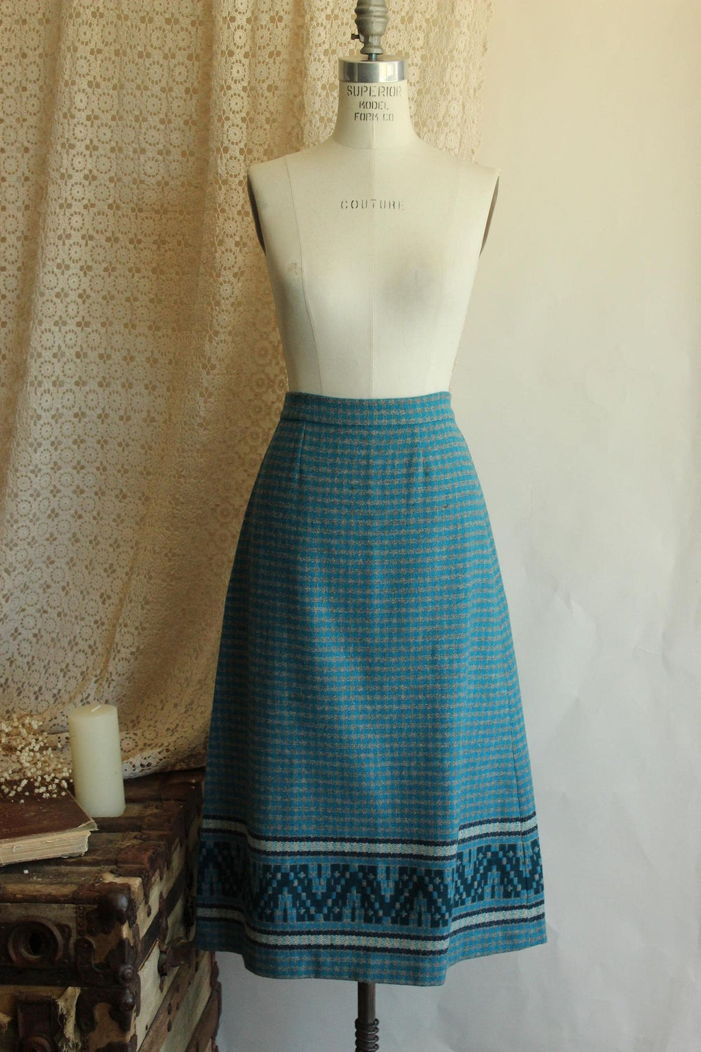 Vintage 1950s Blue and Gray Wool A Line Skirt