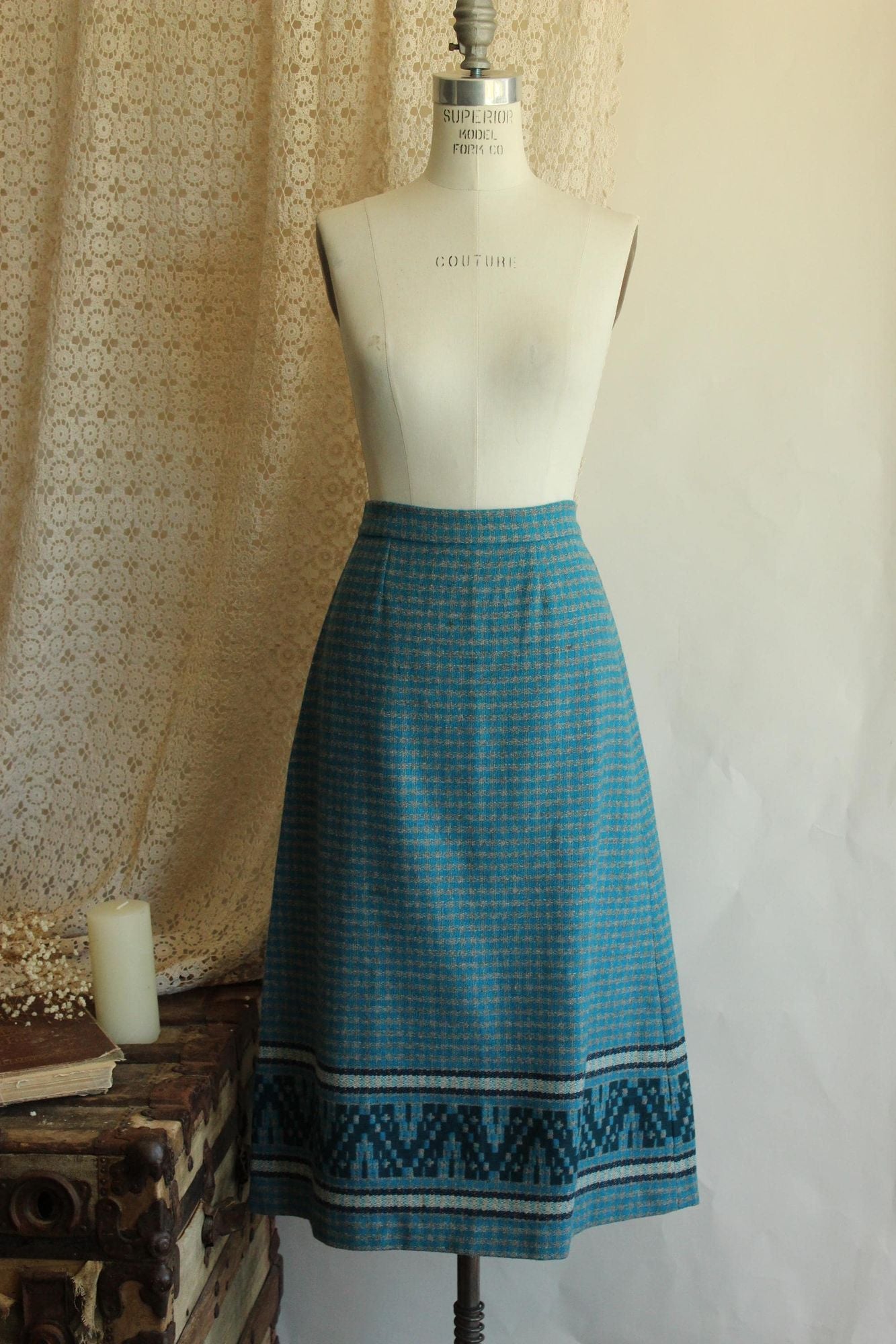 Vintage 1950s Blue and Gray Wool A Line Skirt