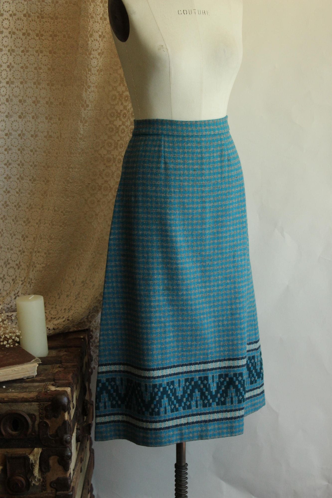 Vintage 1950s Blue and Gray Wool A Line Skirt