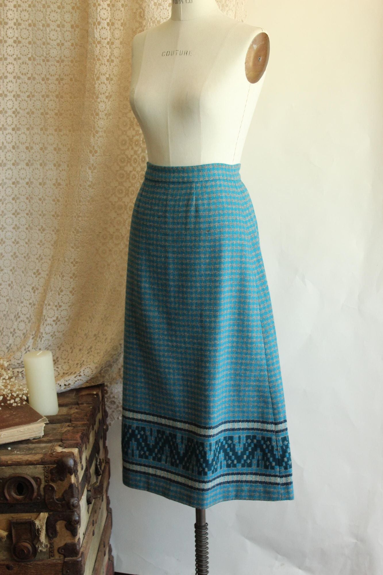 Vintage 1950s Blue and Gray Wool A Line Skirt