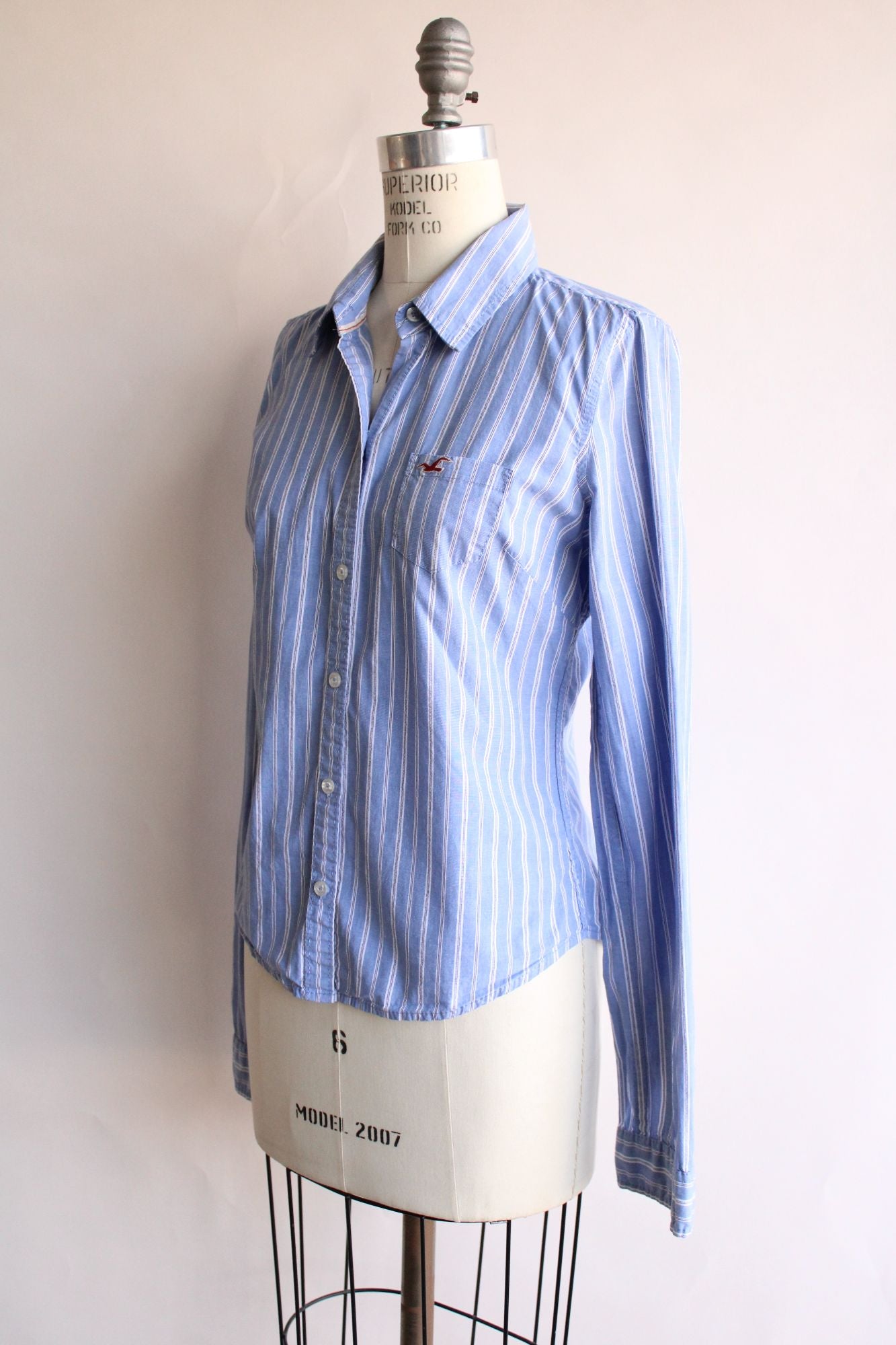 Hollister Button Down Shirt, womens, Size Large, BLue and White Stripe, Cotton spandex