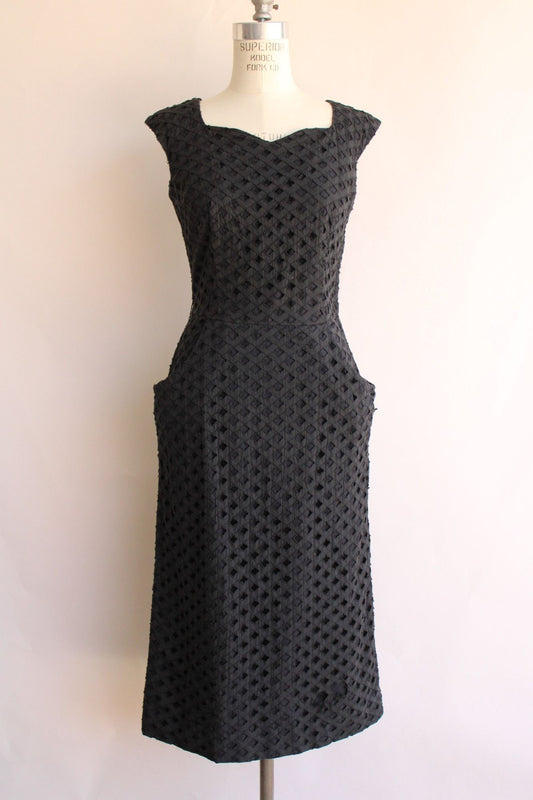 Vintage 1950s Black Lattice Work Wiggle Dress With Pockets