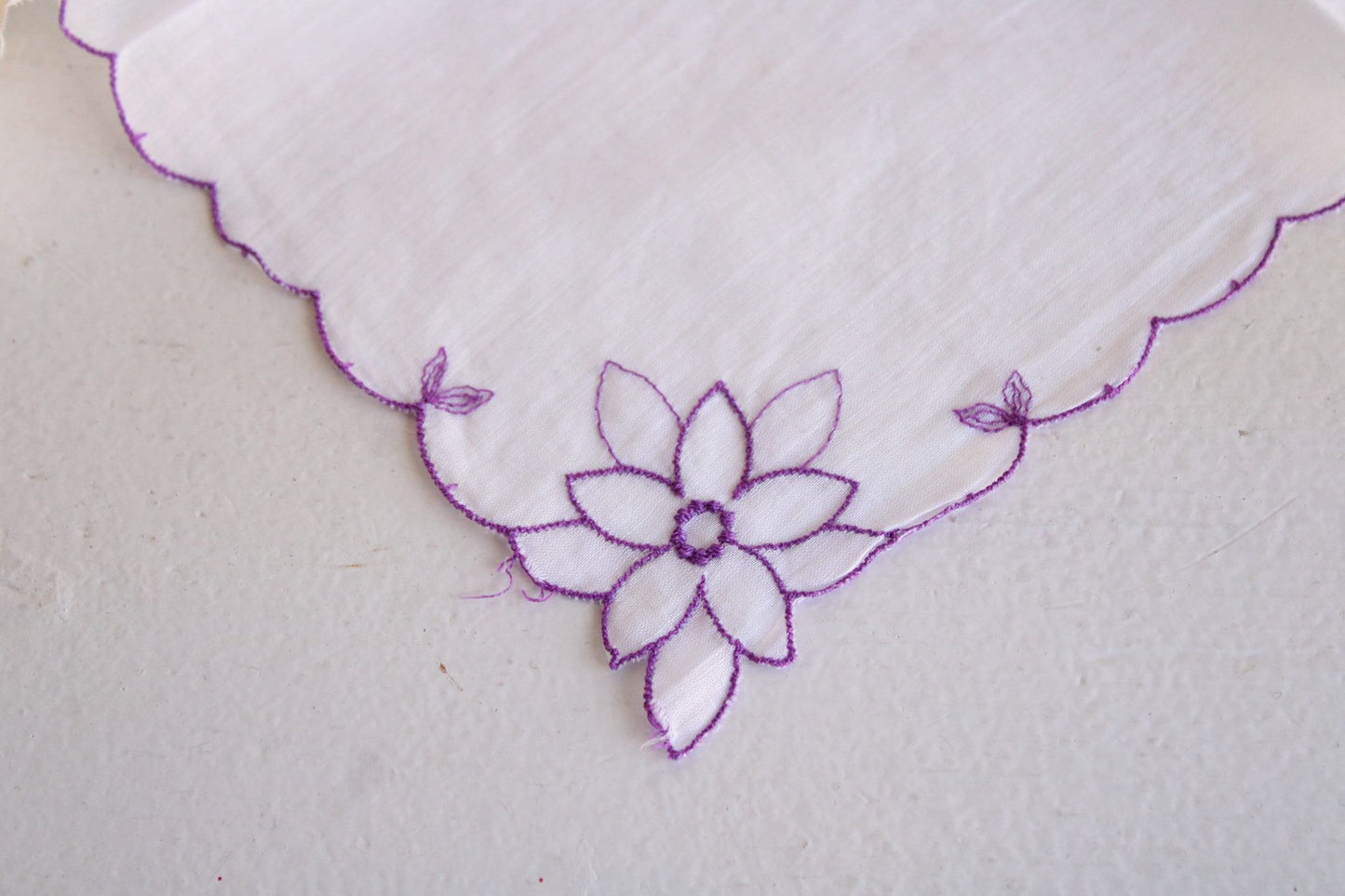 Vintage Purple Flower Embroidery on White Cotton Hanky