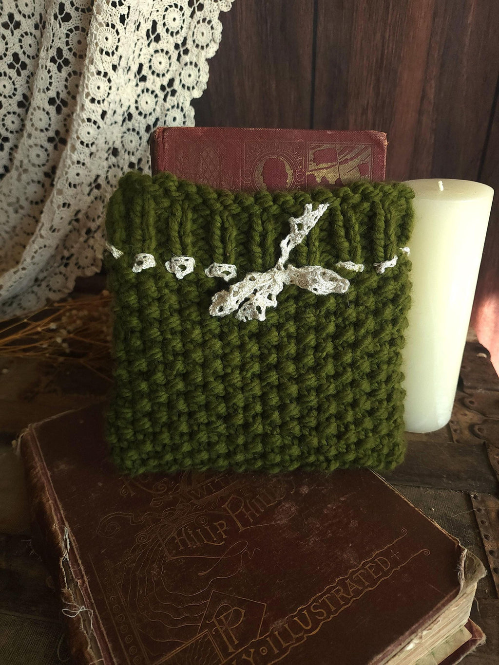 "Poison Apple" Green Hand Knit Book Pouch with Vintage Lace Trim