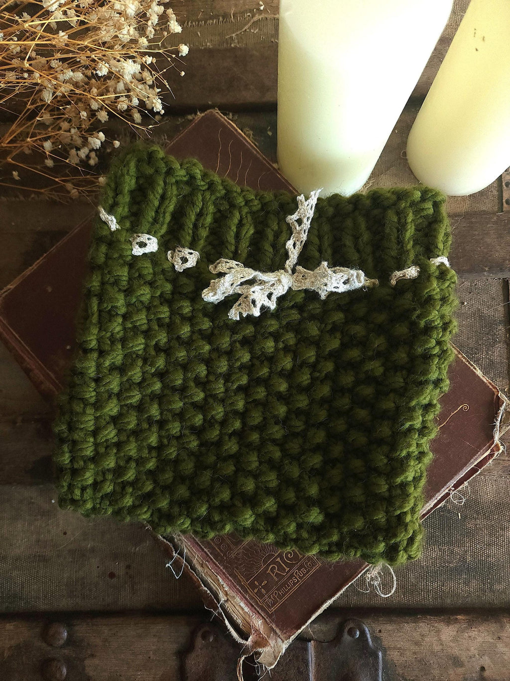 "Poison Apple" Green Hand Knit Book Pouch with Vintage Lace Trim
