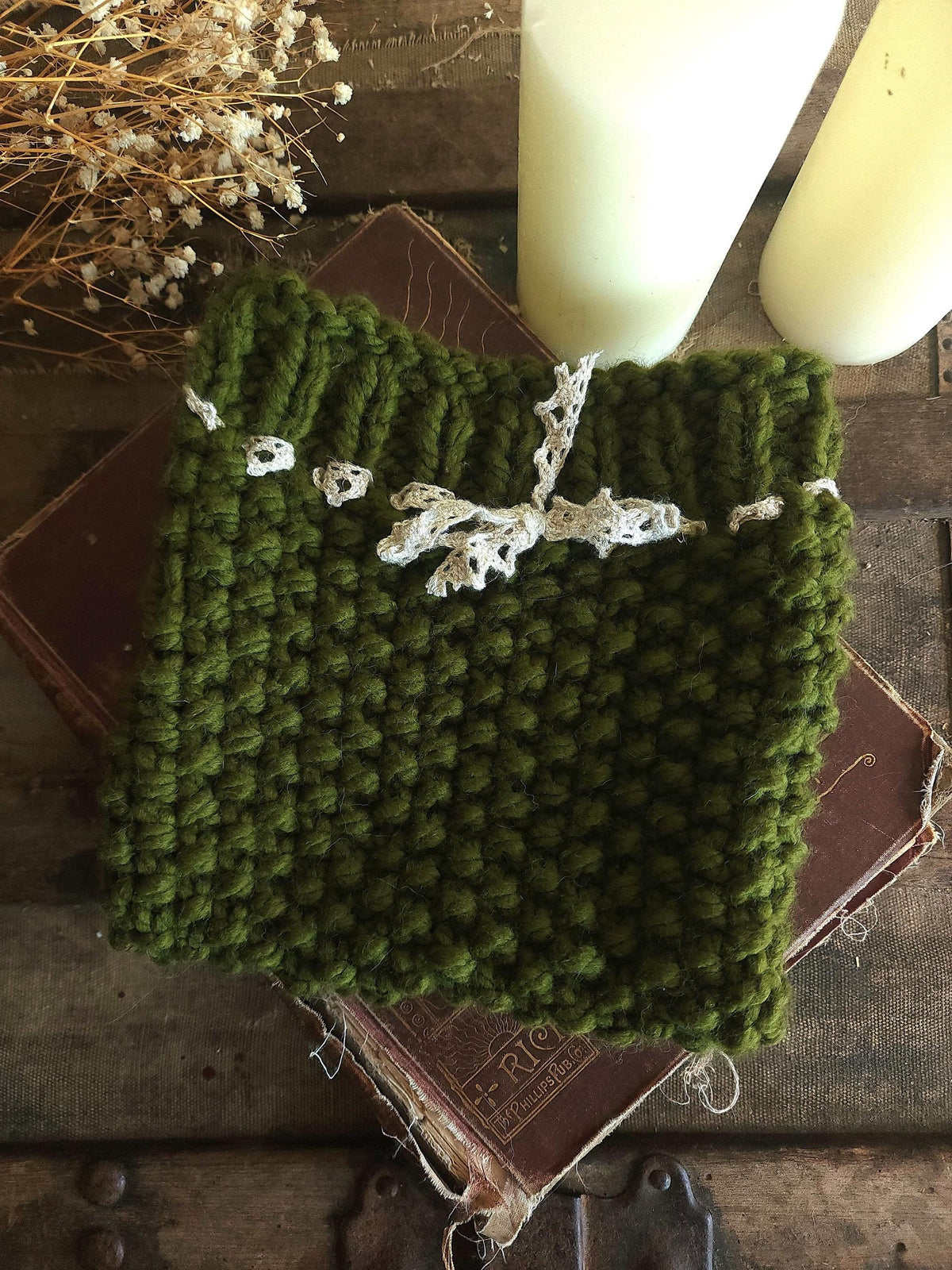 "Poison Apple" Green Hand Knit Book Pouch with Vintage Lace Trim