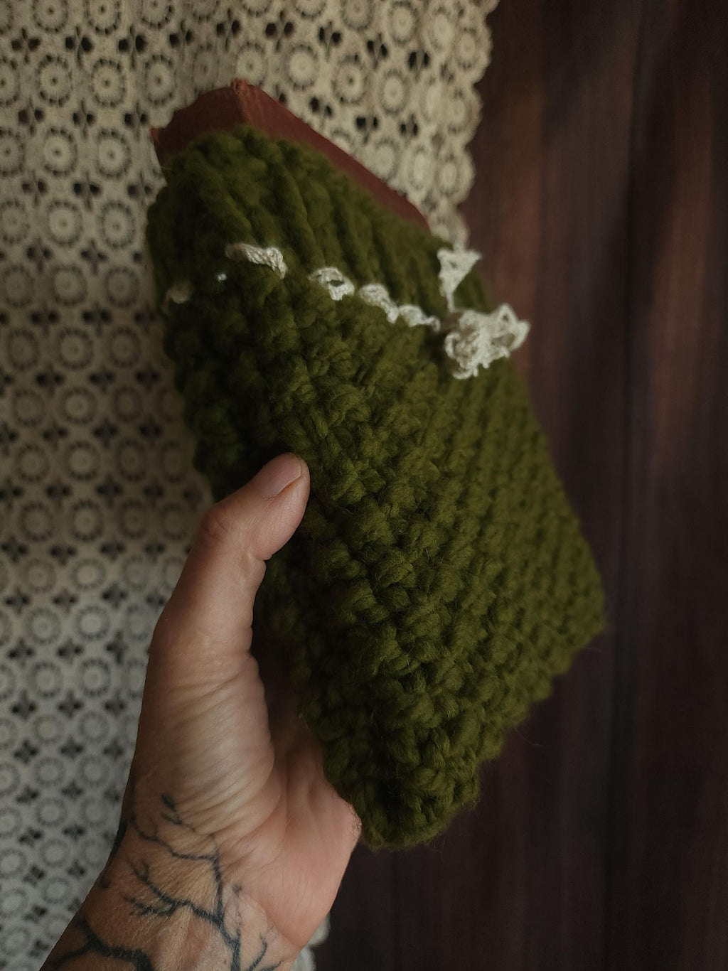 "Poison Apple" Green Hand Knit Book Pouch with Vintage Lace Trim