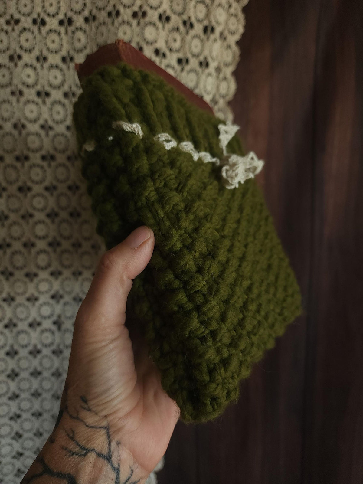 "Poison Apple" Green Hand Knit Book Pouch with Vintage Lace Trim