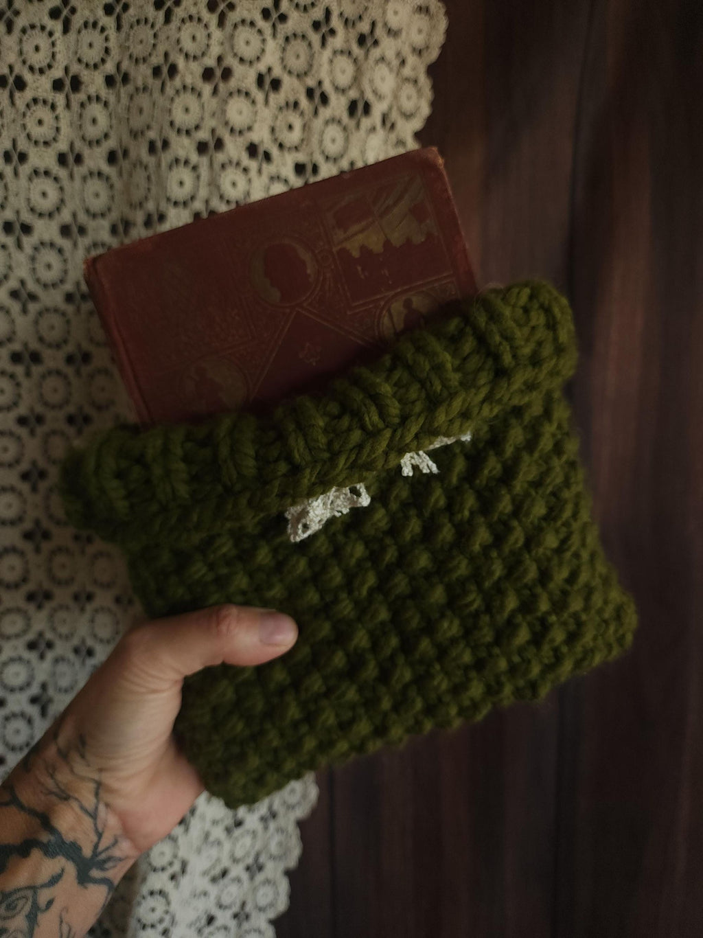 "Poison Apple" Green Hand Knit Book Pouch with Vintage Lace Trim